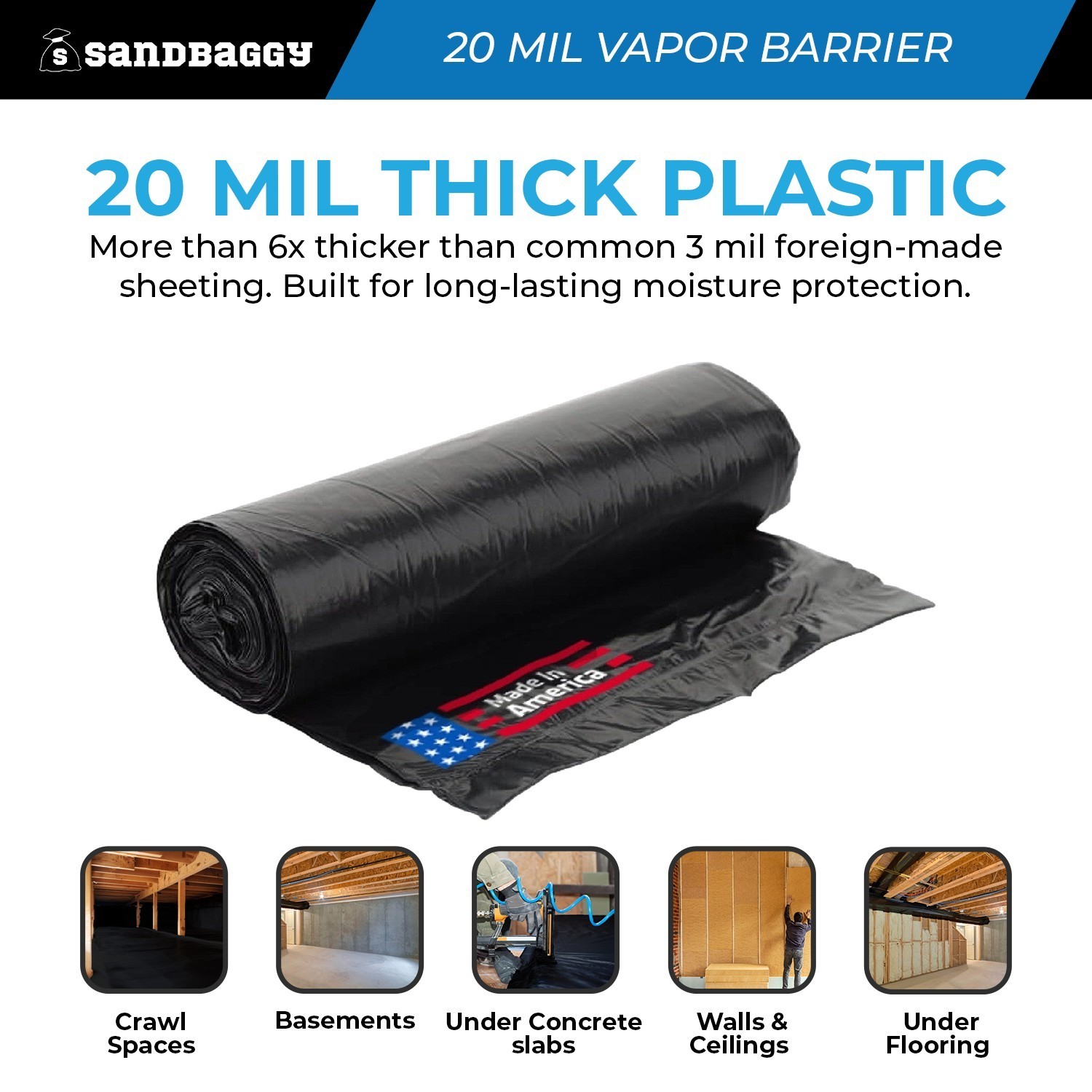 20 Mil Black Vapor Barrier – Polyethylene Visqueen (USA Made) – Sandbaggy