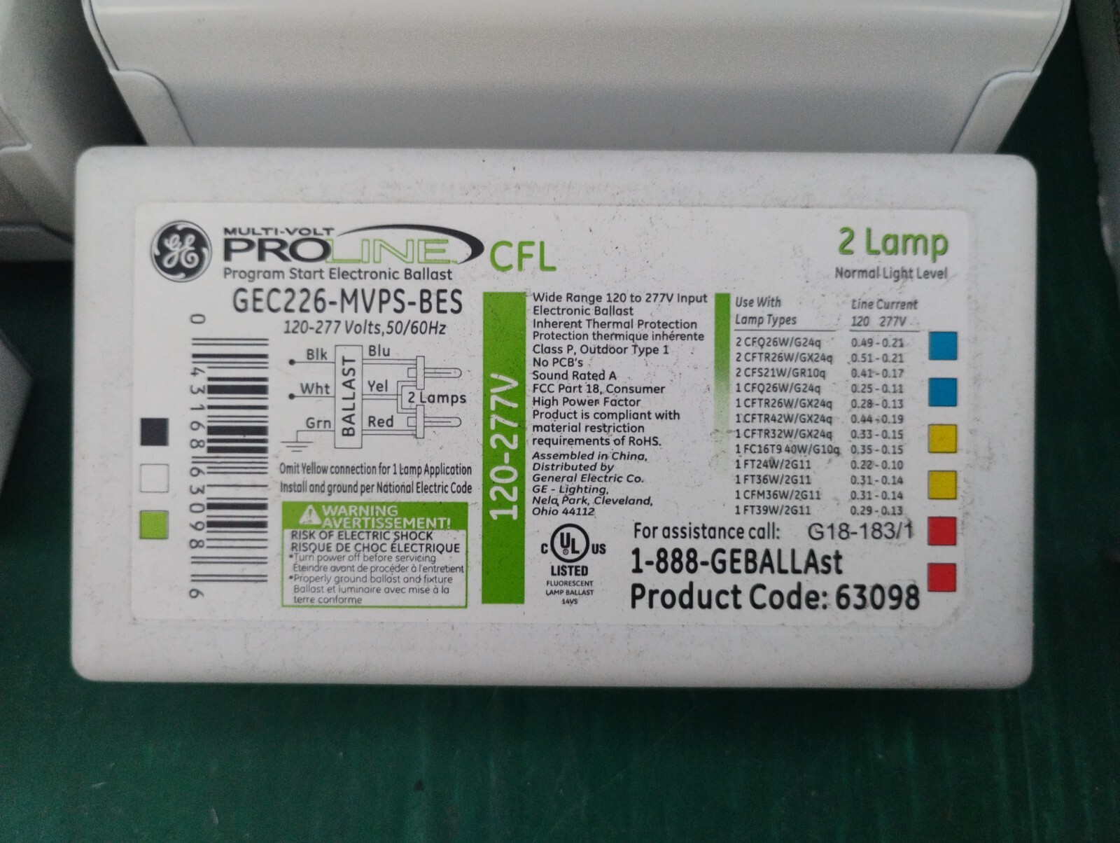 GE ProLine CFL GEC226-MVPS-BES Multi-Volt Program Start Electronic Ballast