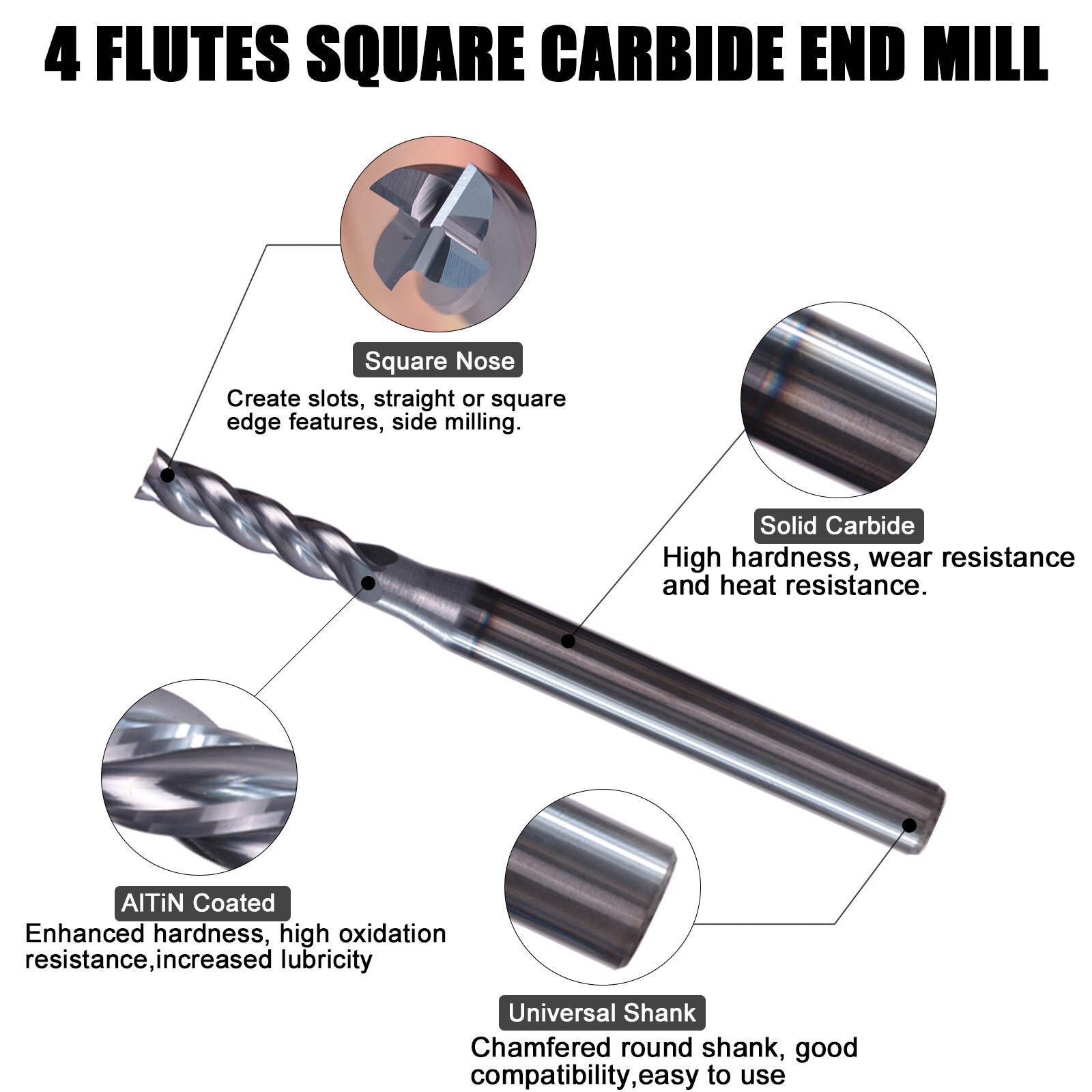 10Pcs 4 Flute 3/32″ x 1/8″ x 3/8″ x 1-1/2″ End Mills Solid Carbide AlTiN Coated