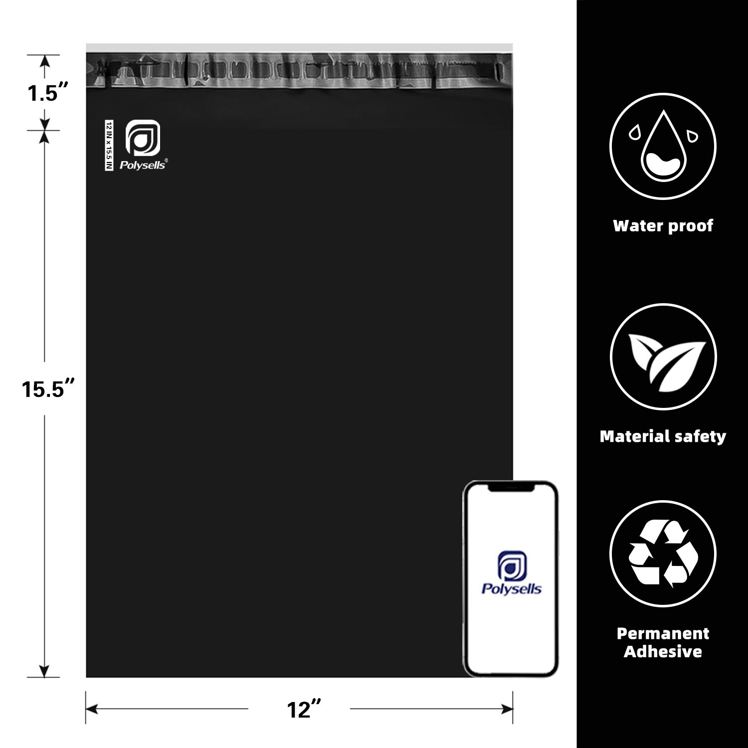 1000 12×15.5 Poly Mailer Self Sealing Shipping Mailer Bags Black POLYSELLS