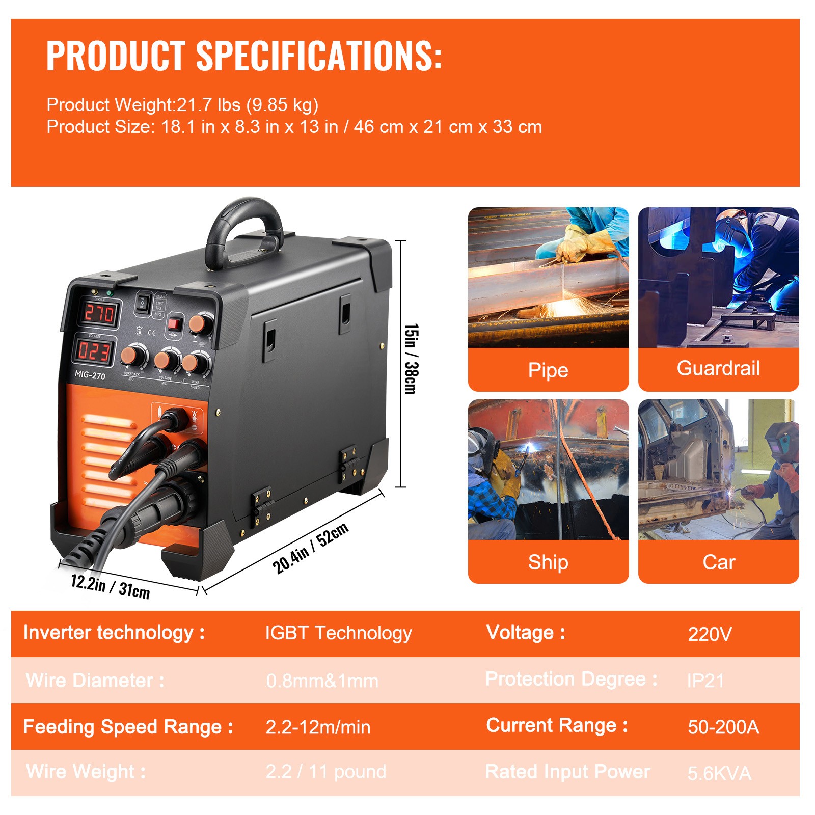 VEVOR Mig Welder Welding Machine 270A MIG MMA TIG 3 In 1 Welder Combo 110V/220V