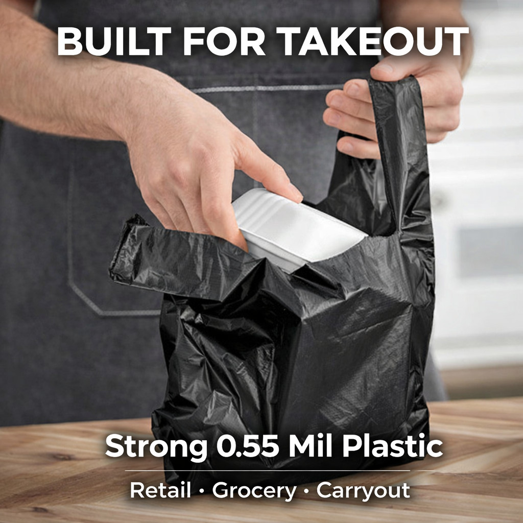 0.55 Mil Medium-Duty Black T-Shirt Bags XSmall 1/10 8x4x15 Bulk 50-1500