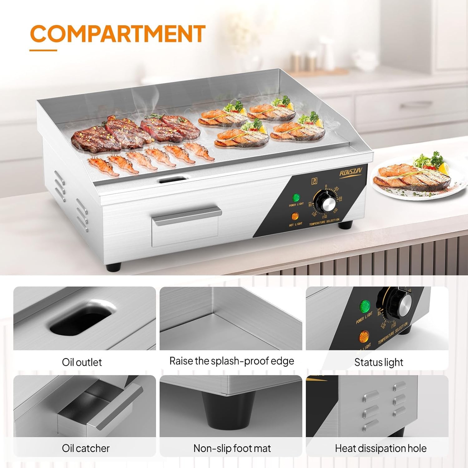 22″ Commercial Electric Countertop Flat Top Griddle, 1600W 110V Electric Griddle