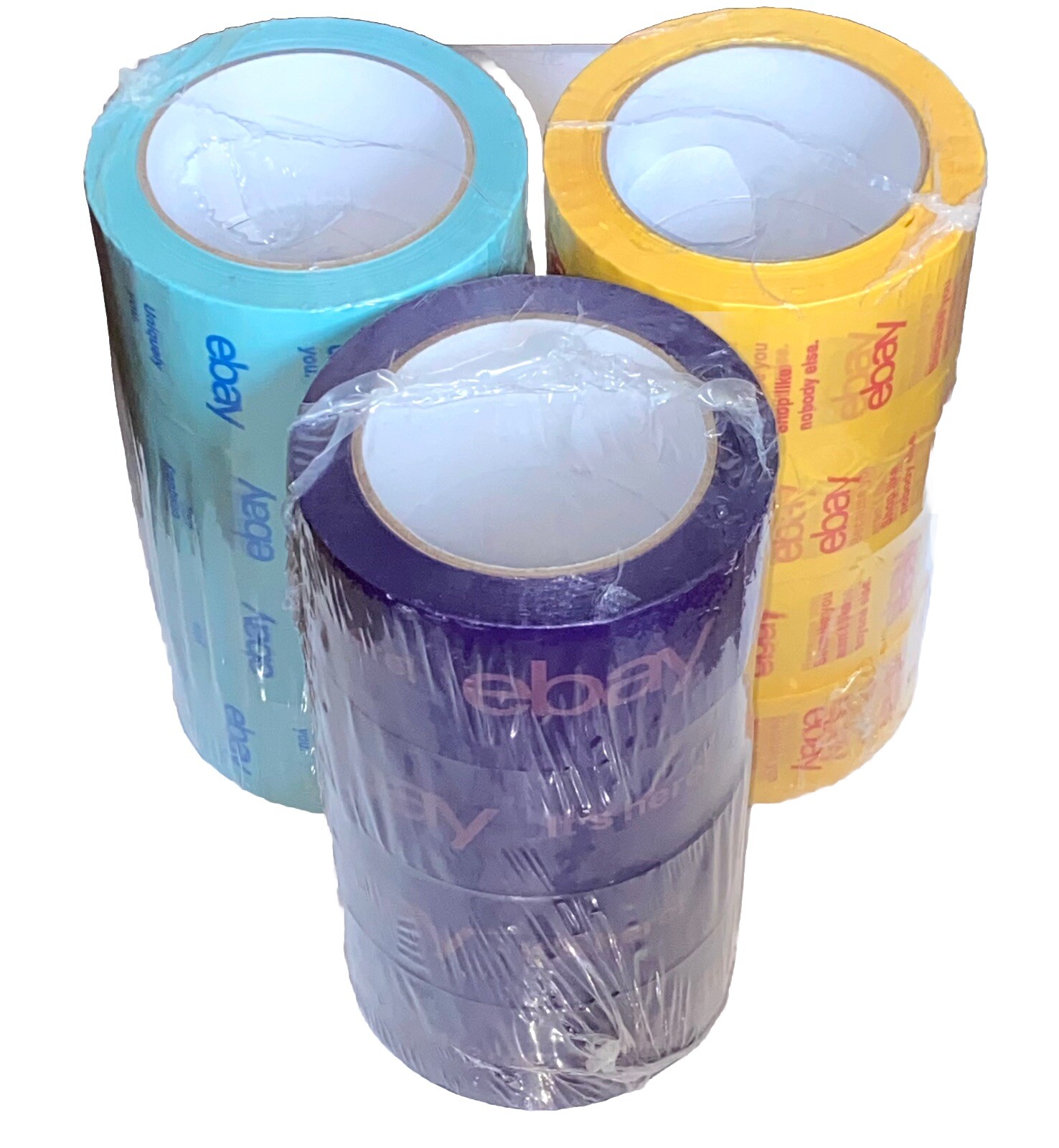 eBay Brand Tape LOT 12 Rolls 75 Yards 2×75 2” Wide 75YDS Blue Yellow Purple NEW