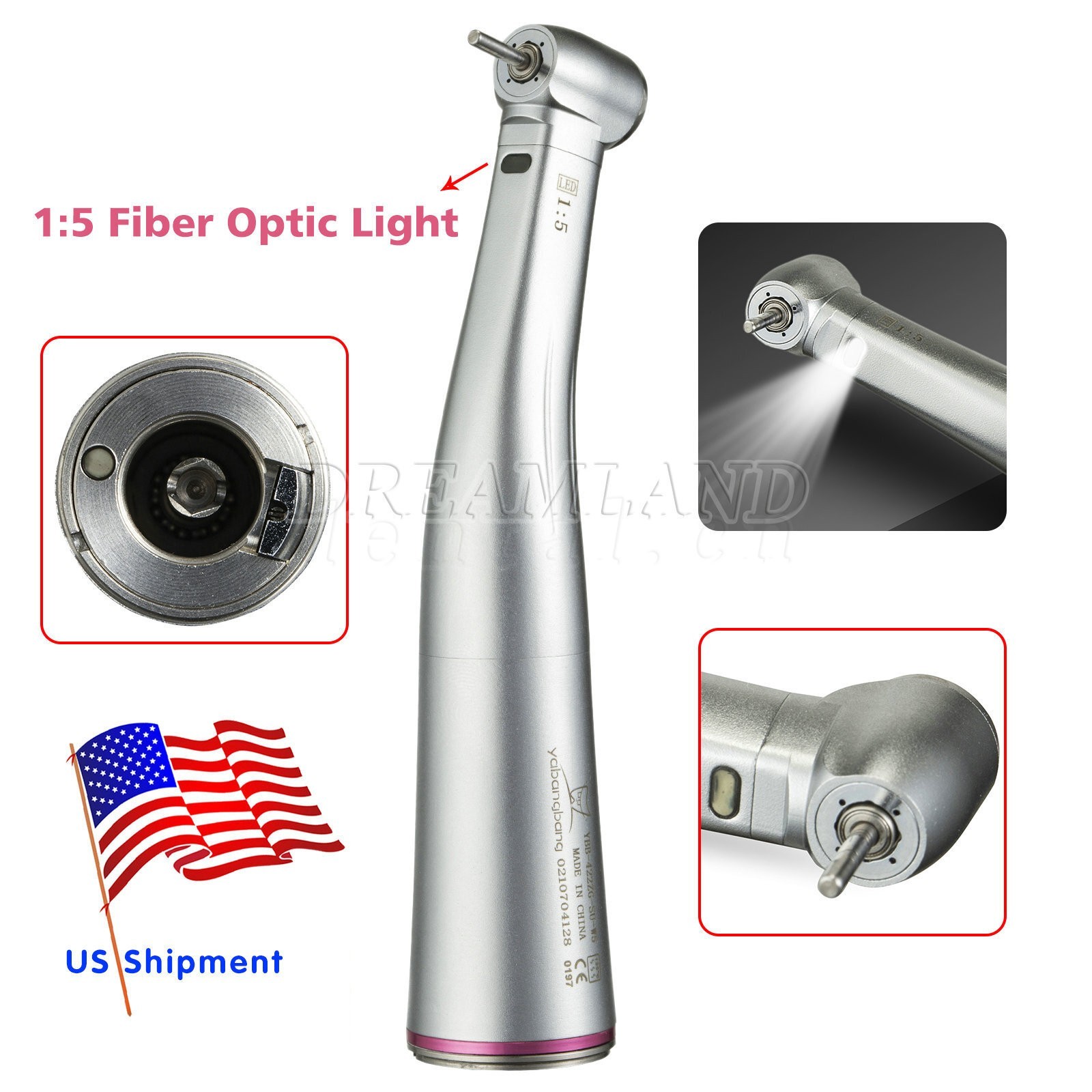NSK Style Dental 1:5 Increasing Handpiece Fiber Optic LED Contra Angle Red Ring