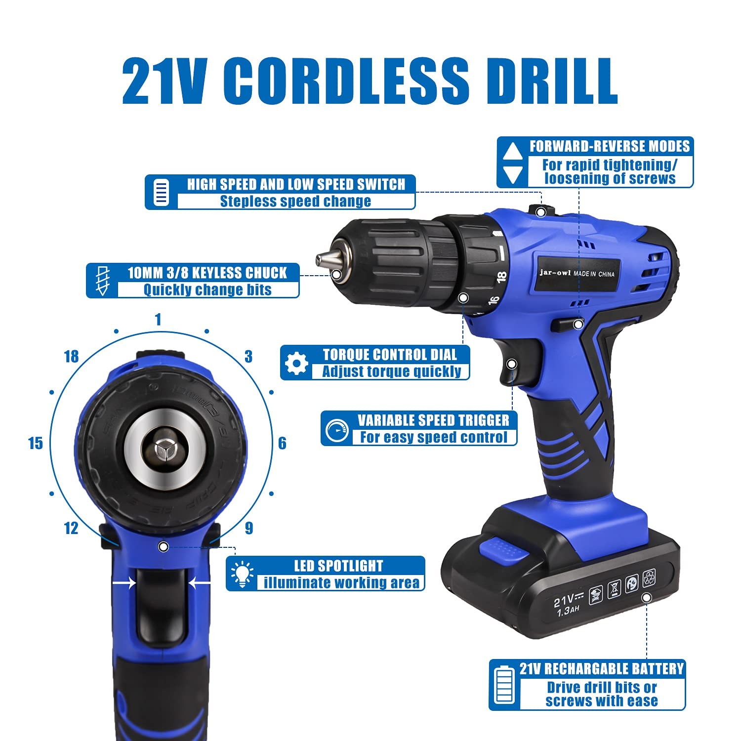 Jar-Owl 21V Tool Set Drill 350 In-Lb Torque 0-1350Rmp Variable Speed 10Mm 3/8