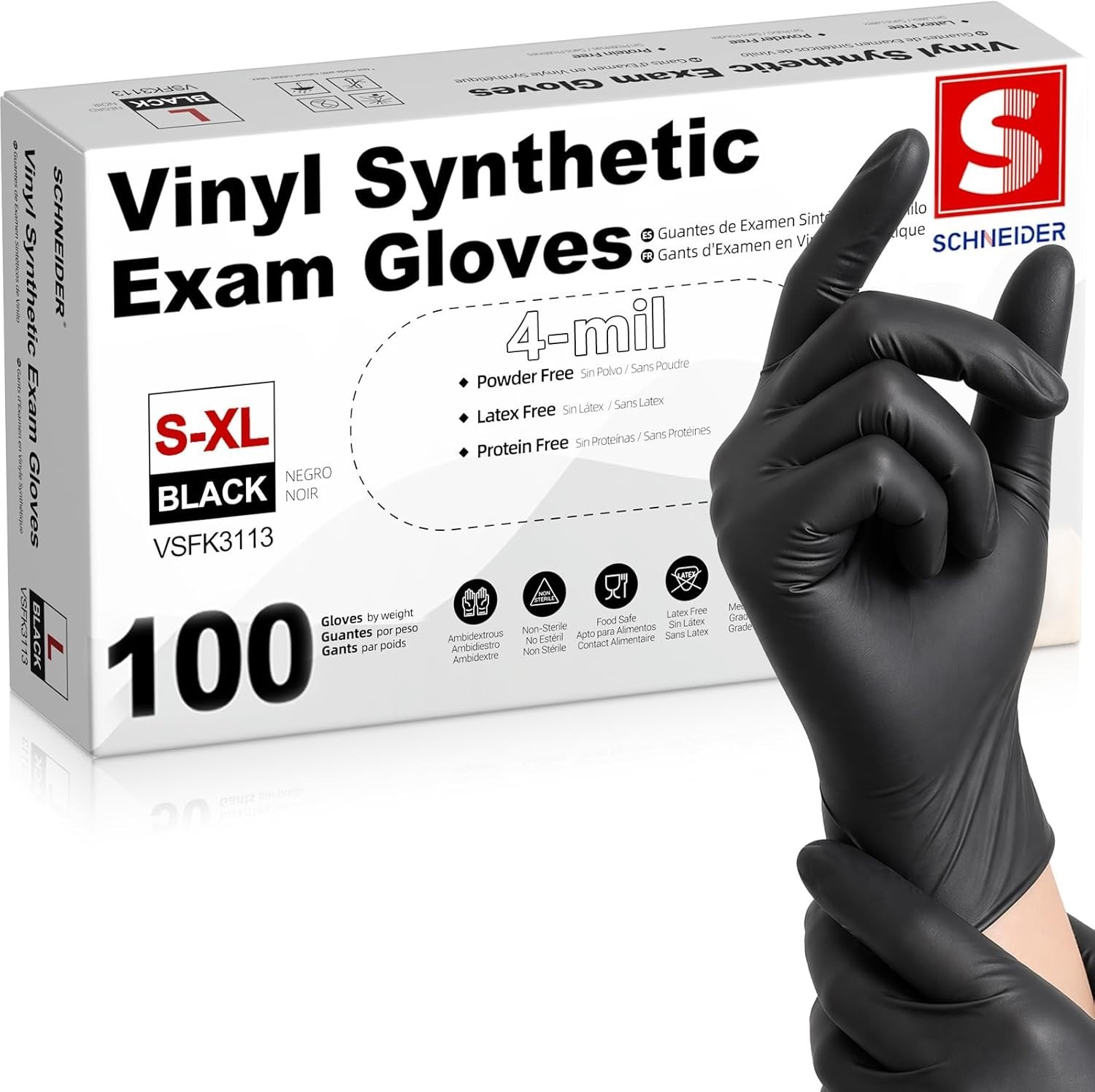 Ambidextrous 4 Mil Vinyl Gloves – Black, 100 Count, Food Safe & Latex-Free