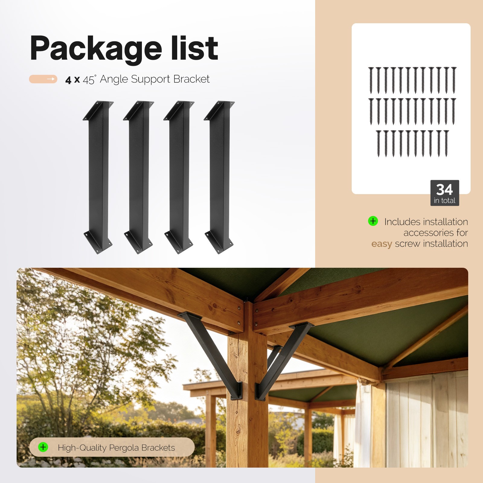 4 Pcs 45 Degree Angle Support Brackets Pergola Kit Heavy Duty Connector Brace