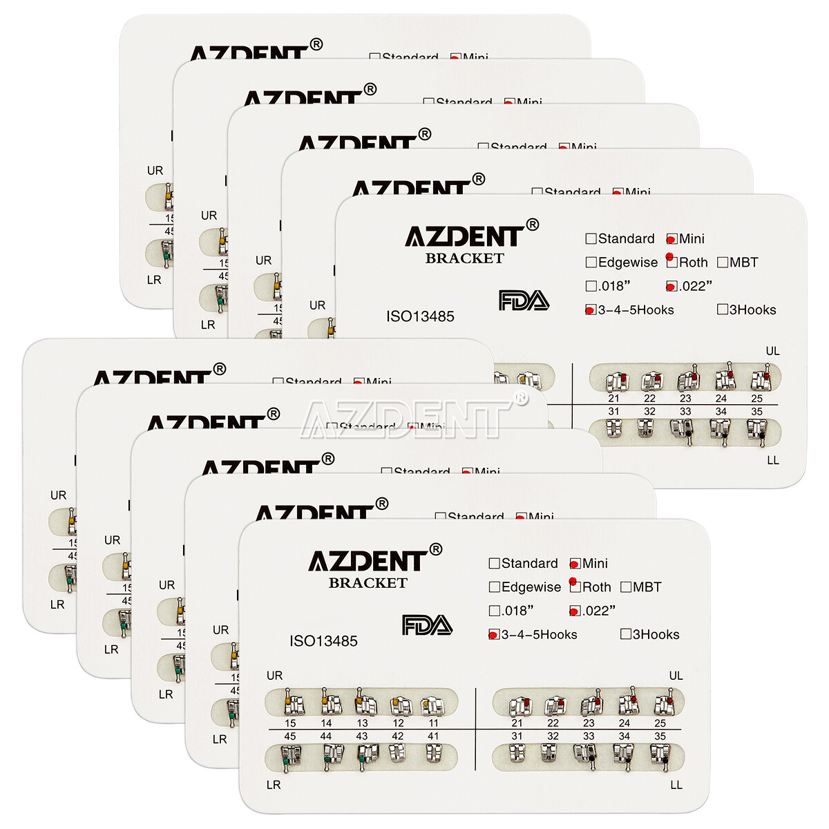 AZDENT 10X Dental Ortho Brackets Mini/Standard MBT/Roth 022/018 Hooks 3 4 5