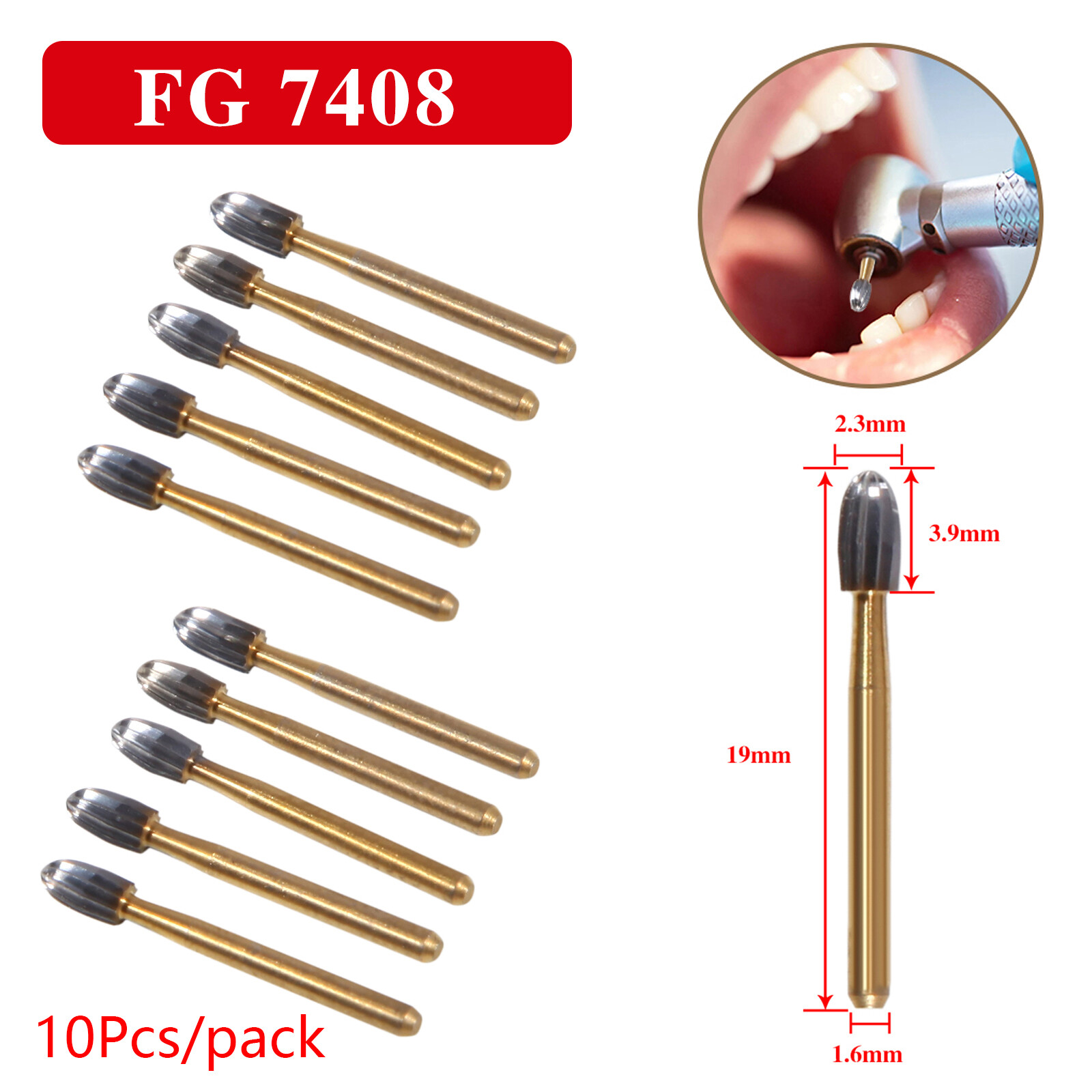 10Pcs Dental Trimming+Finishing Carbide Burs Egg Shape Football Gold FG7408