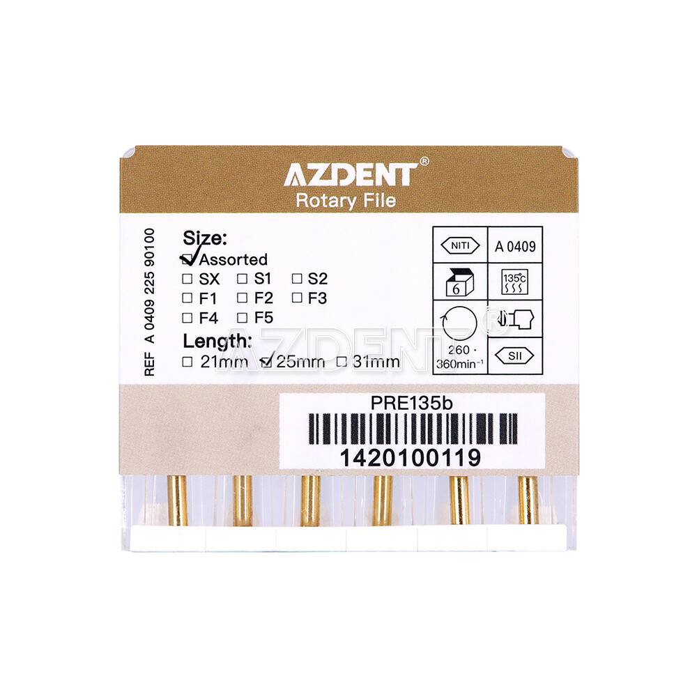 AZDENT Dental Endodontic Gold Taper NITI Rotary Files Engine Use 25mm 6PCS/Packs
