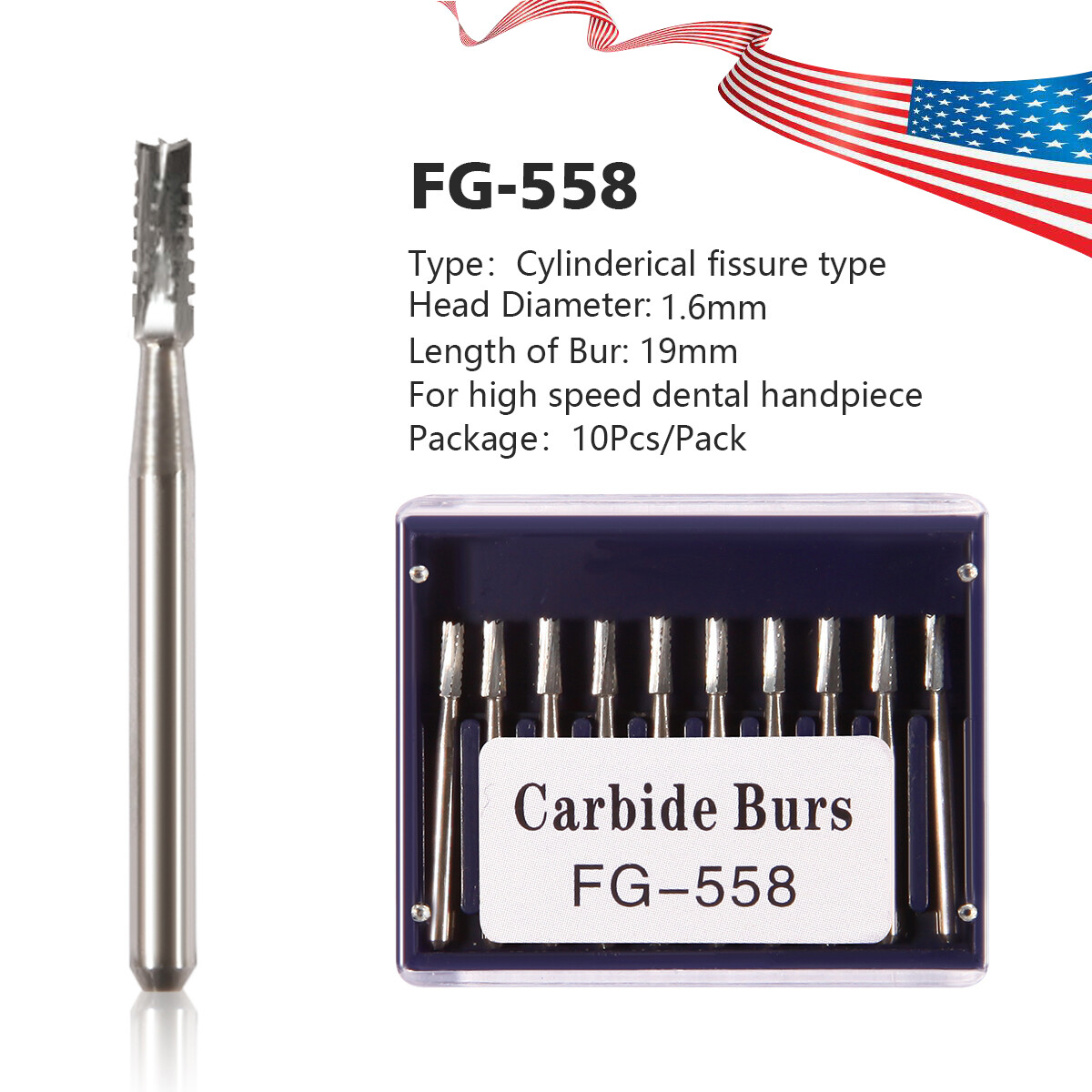 Dental Midwest FG #558 Straight Fissure Crosscut Carbide Burs 10-100Pk