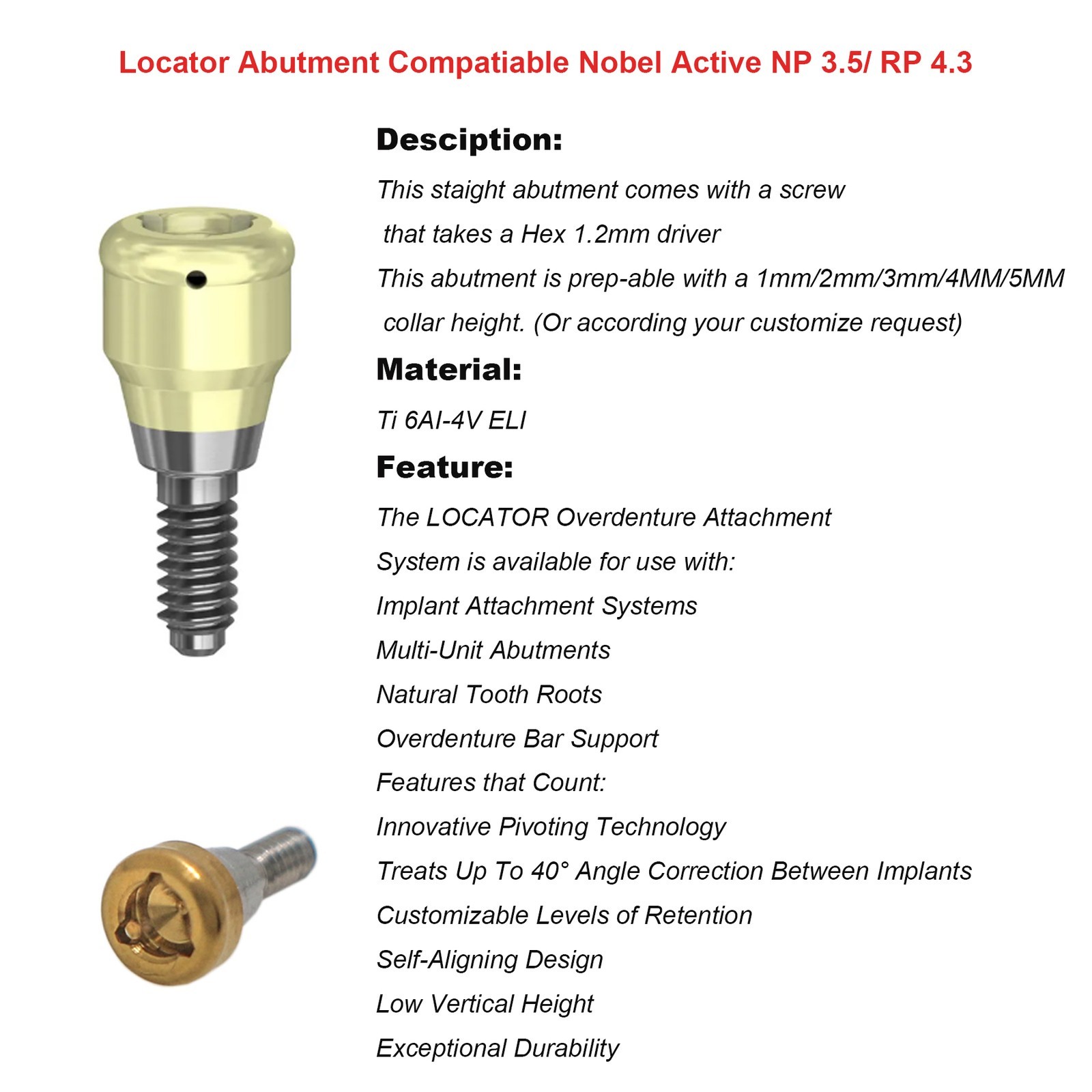 US Dental ZEST Locator Tapered Abutment Nobel Active NP & RP Conical Connection