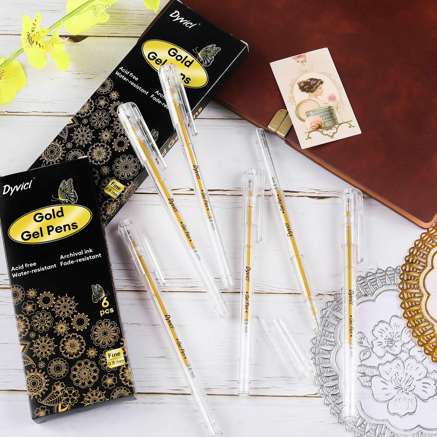 6 PCS Metallic Gold Gel Pens 0.8mm Fine Point Ink Black Paper Art Drawing