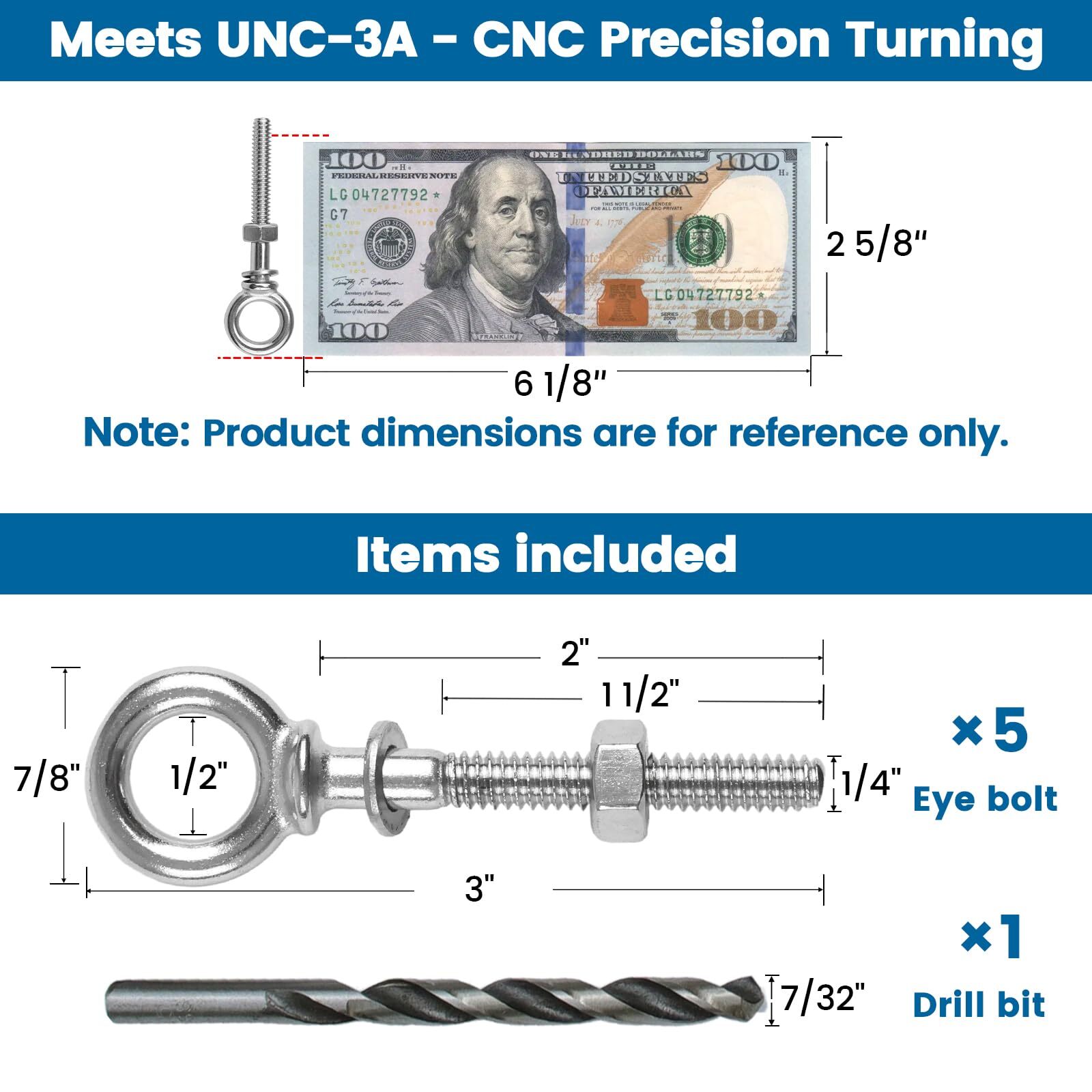 5-Pack 1/4×2-Inch Stainless Steel Eye Bolts with Nuts 3-Inch Heavy-Duty Marine