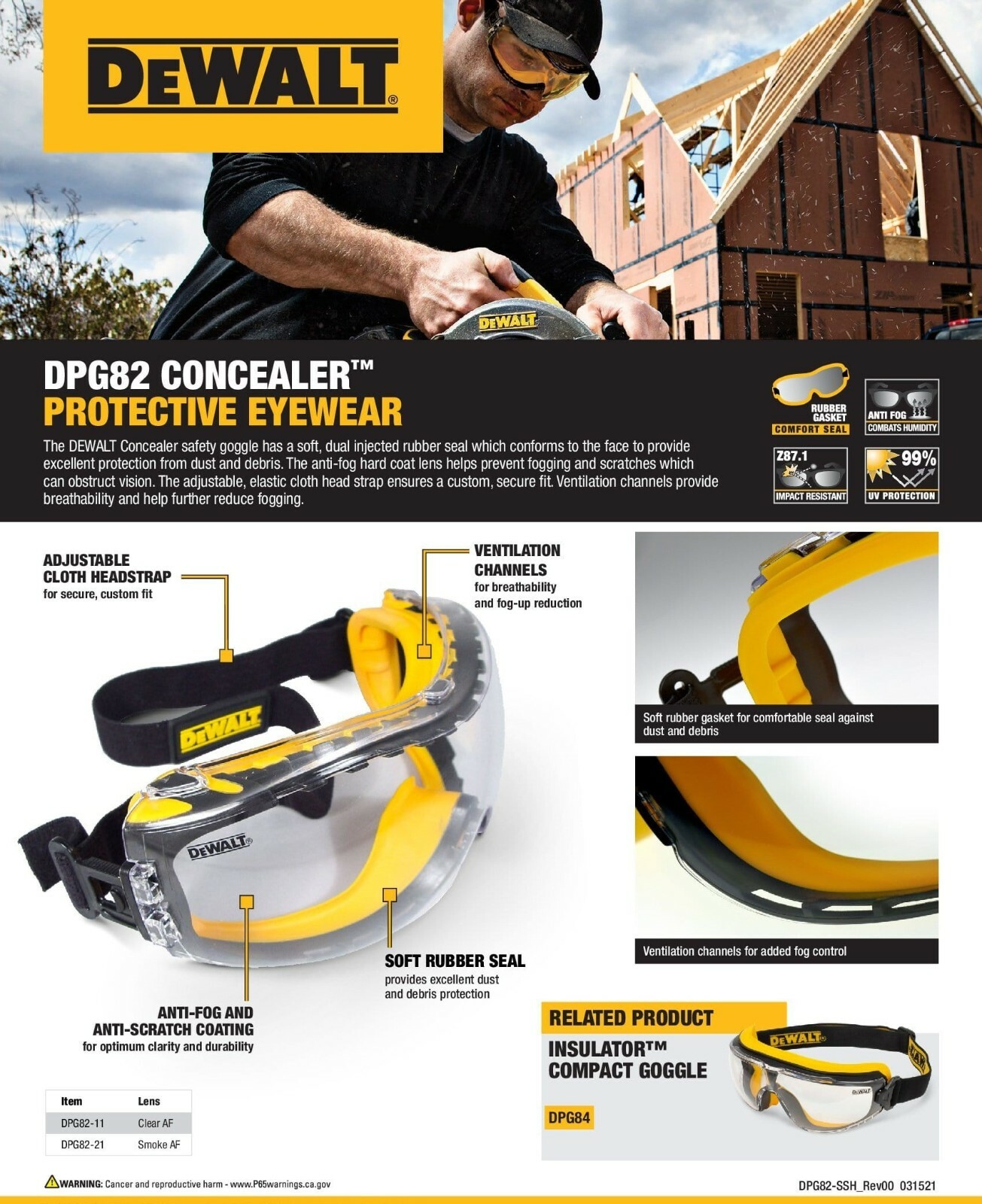 DeWalt CLEAR SMOKE ANTI FOG Protective Over Glasses Safety Goggles UV ANSI Z87+