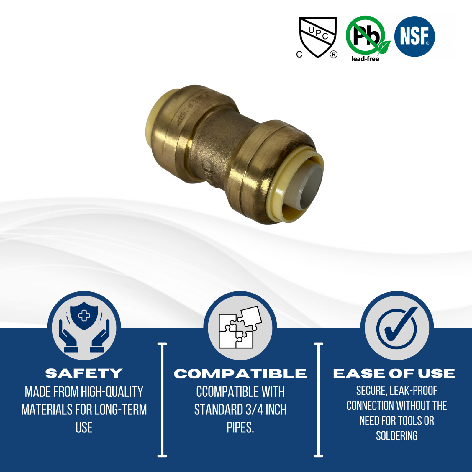 10 PIECES 3/4″ X 3/4″ PUSH FIT COUPLINGS FITTINGS – LEAD FREE
