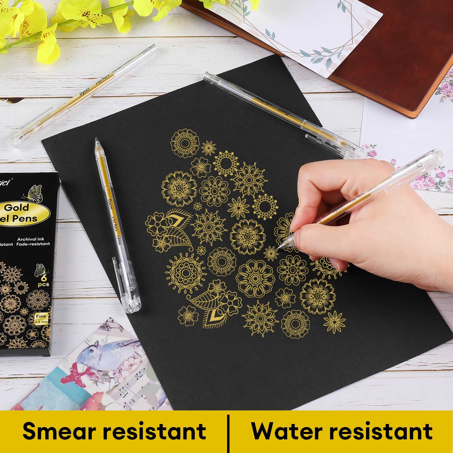 6 PCS Metallic Gold Gel Pens 0.8mm Fine Point Ink Black Paper Art Drawing