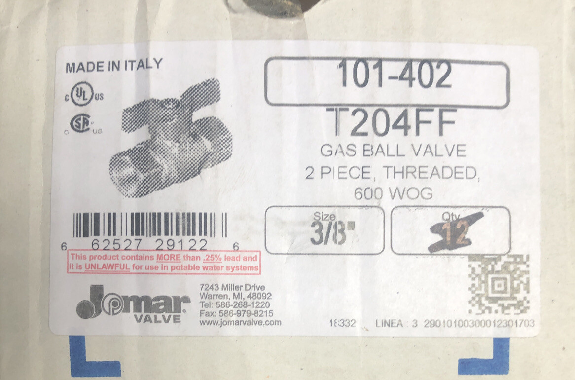 Jomar Valve Brass Gas Ball Valve Inline Female 3/8″, 101-402 T204FF 600 W0G