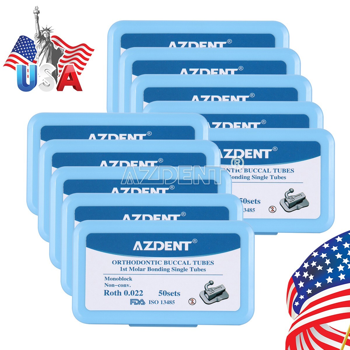 50 Sets AZDENT Dental Orthodontic Buccal Tube 1st Molar Roth 022 Bondable Tube