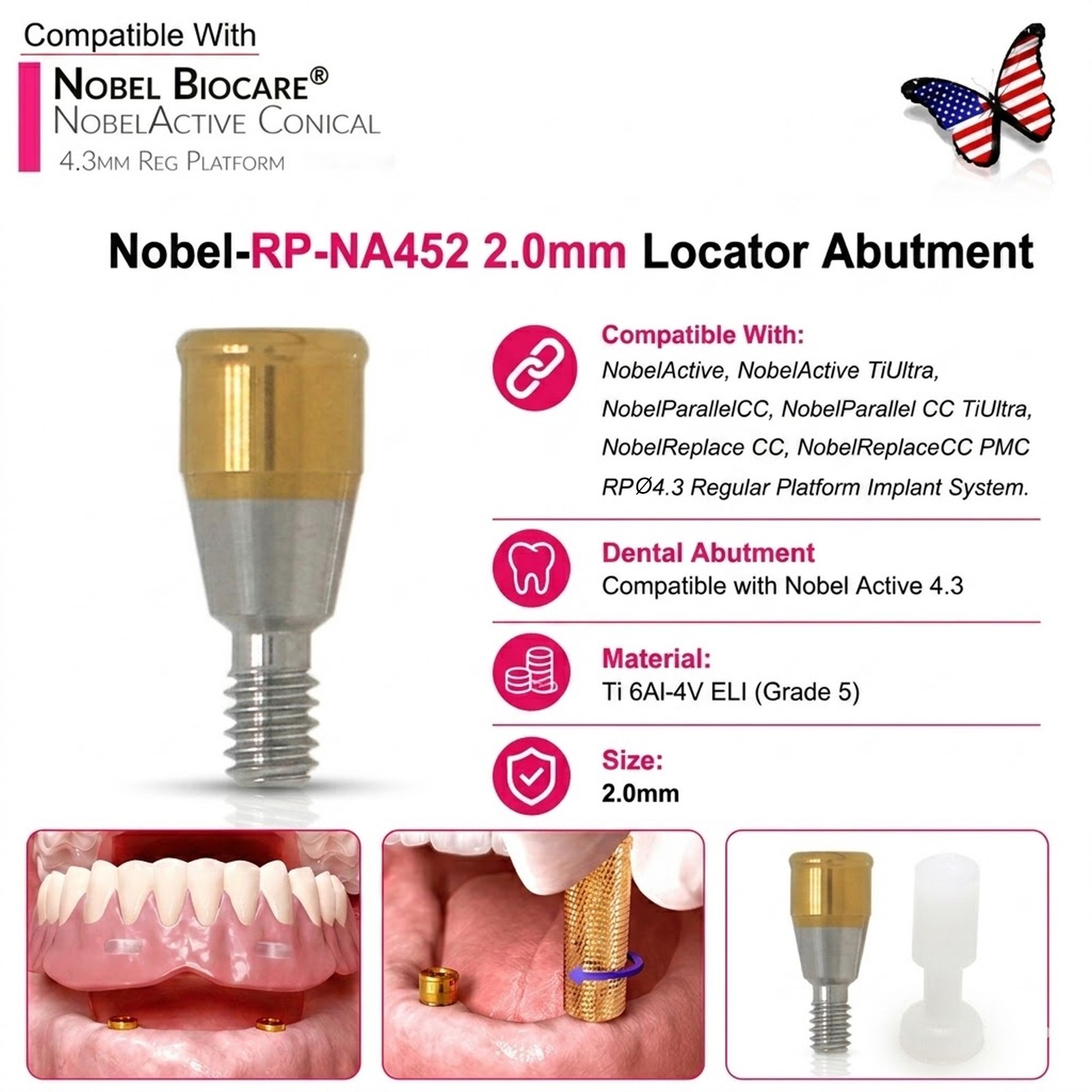 US Dental ZEST Locator Tapered Abutment Nobel Active NP & RP Conical Connection