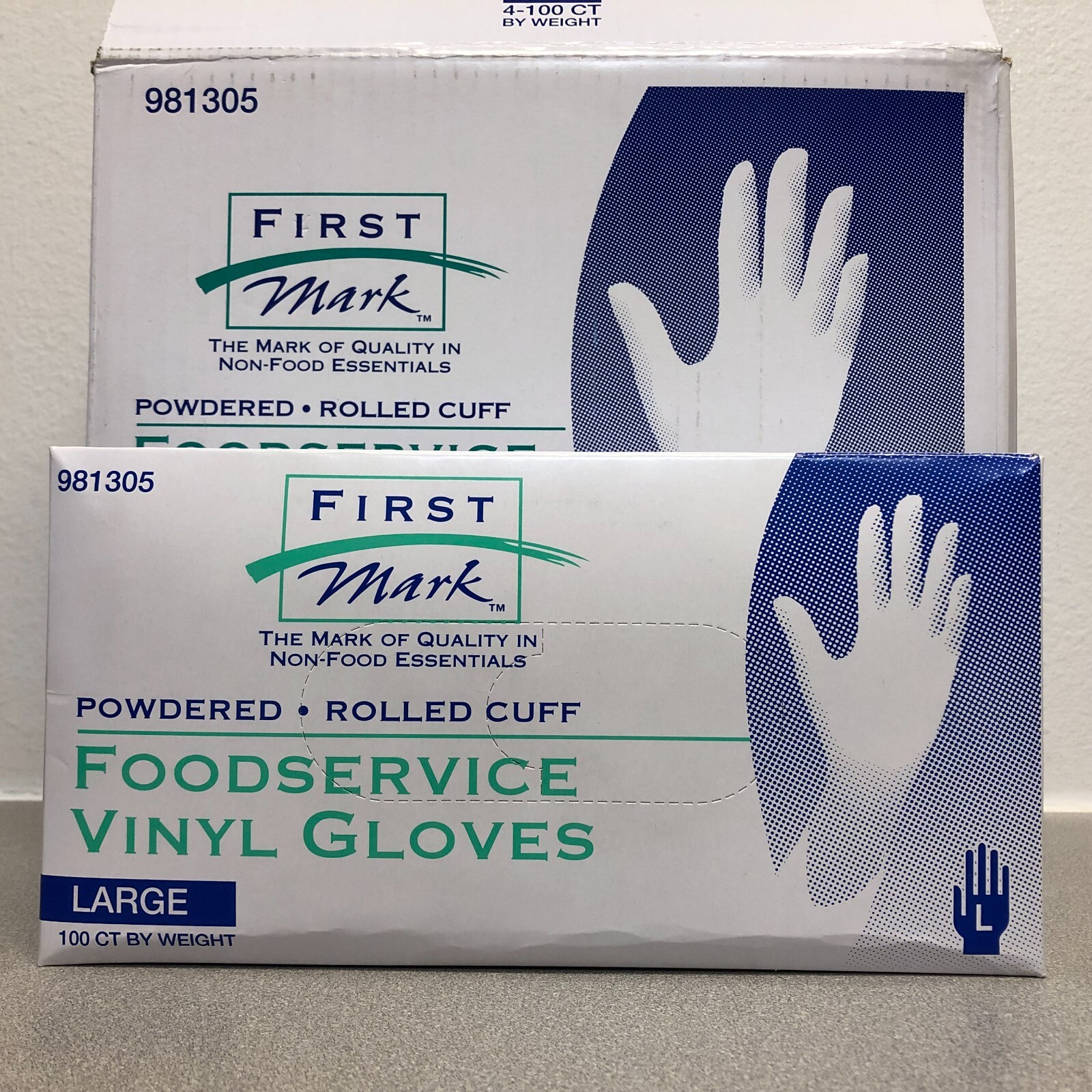 First Mark 981305 Powdered Rolled Cuff Food safe vinyl gloves 4 boxes of 100 LG