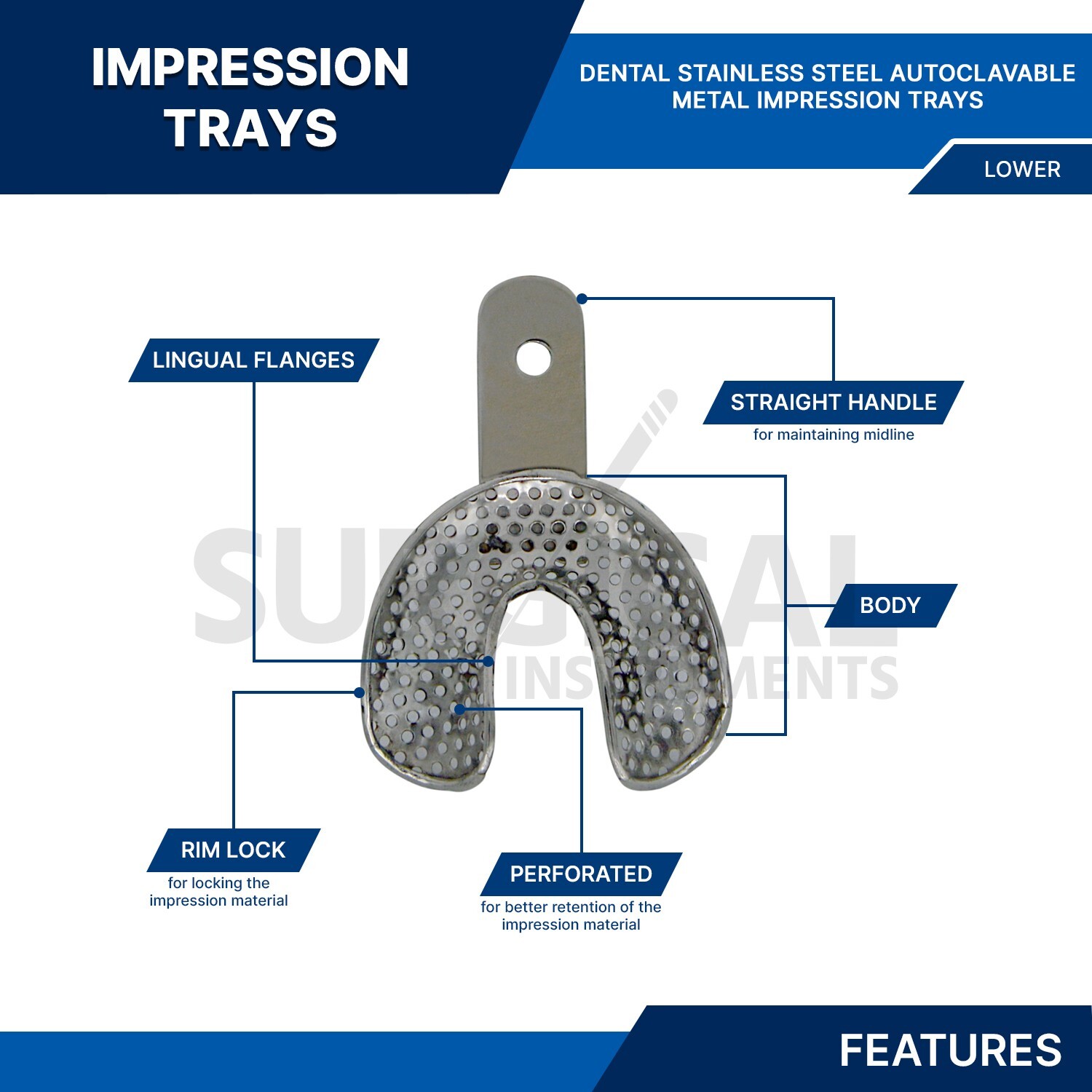 6 Metal Dental Impression Trays set Perforated Upper & Lower Denture Edentulous