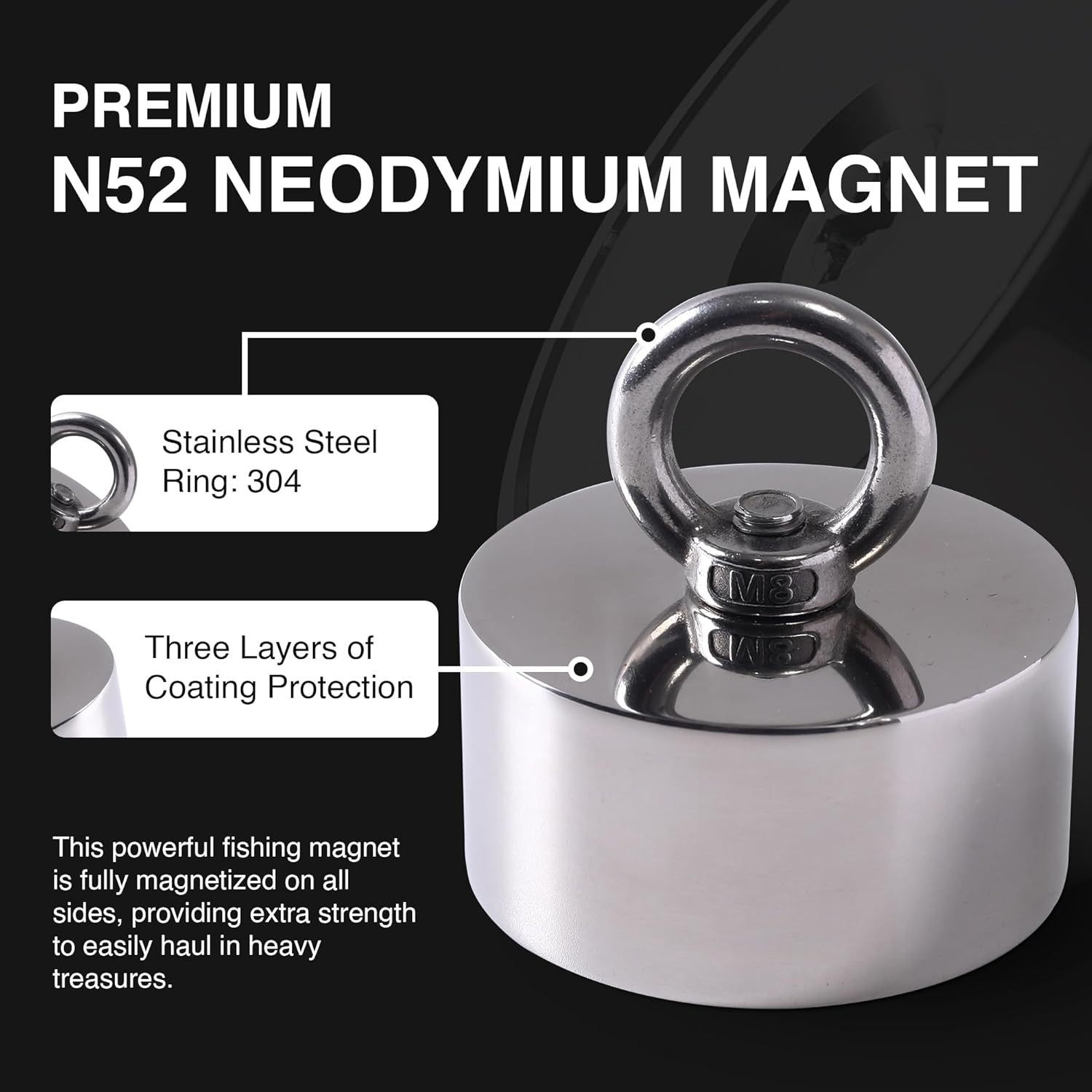 2000lb 360° Fishing Magnet, Heavy Duty N52 for Treasure Hunting