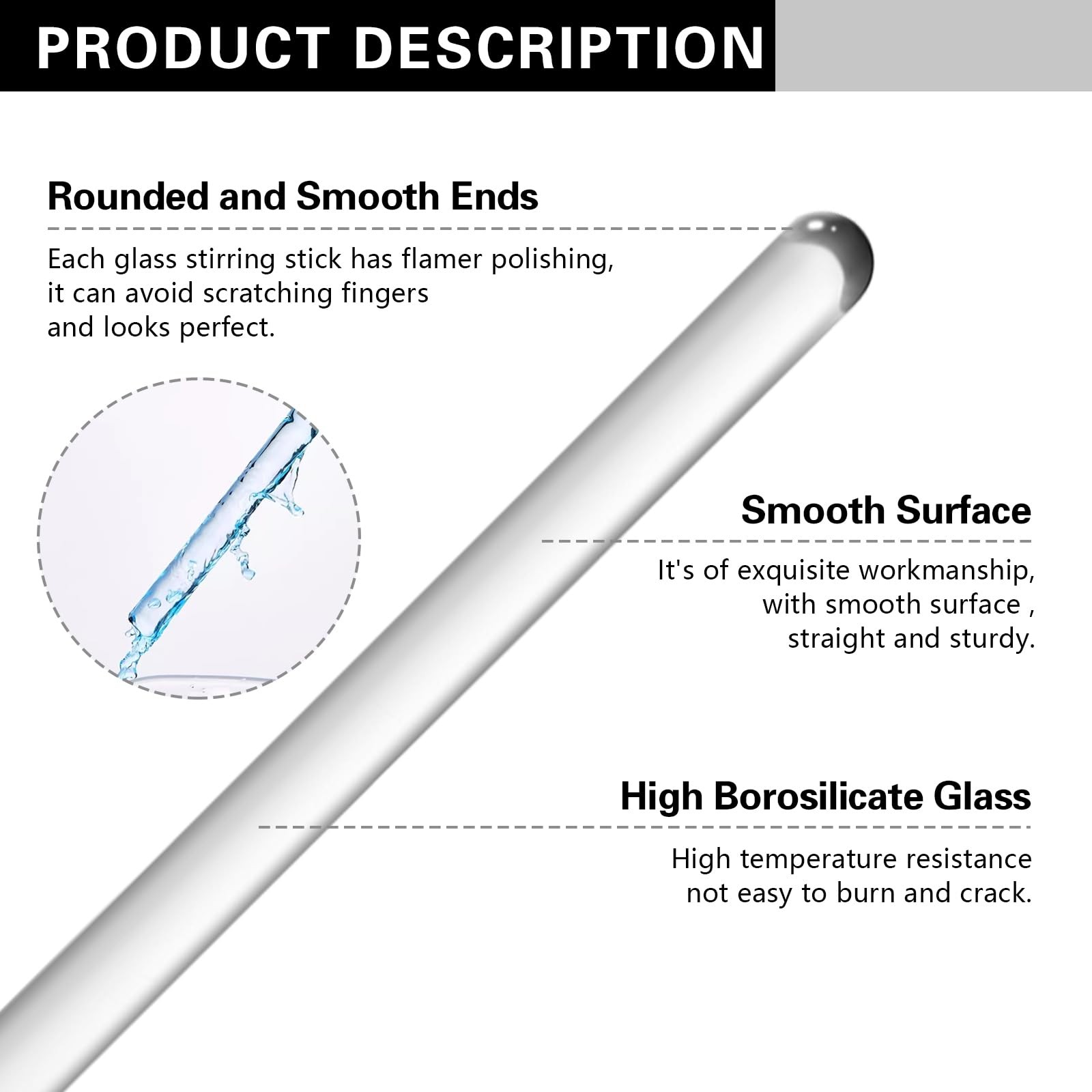 Glass Stirring Rod 12 Inch Length Stir Stick with Both Ends Round 24 pcs/pk