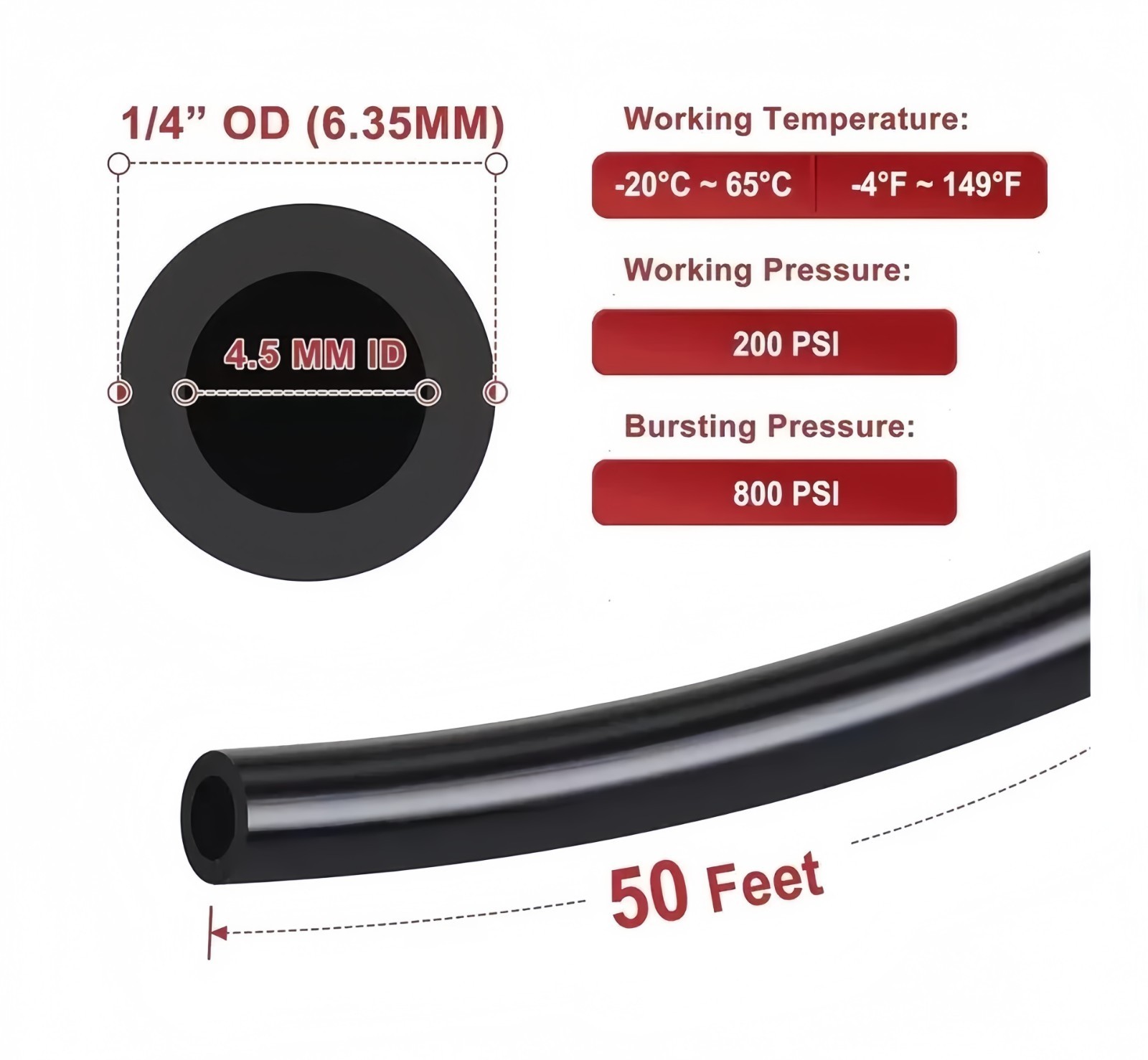 Air Line Tubing Kit 1/4” OD 50ft Nylon Hose 1/4” NPT Push to Connect Fittings