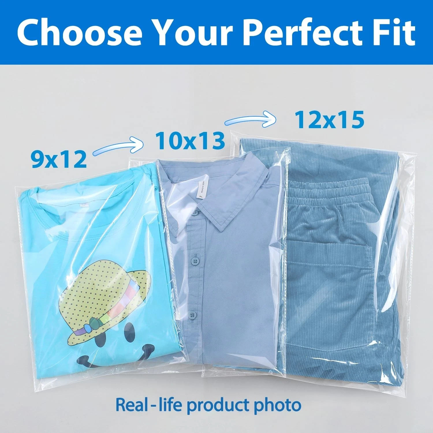 12 x 15 Clear Plastic T-Shirt Bags with Clothing Size Stickers, 100 Pcs Cel