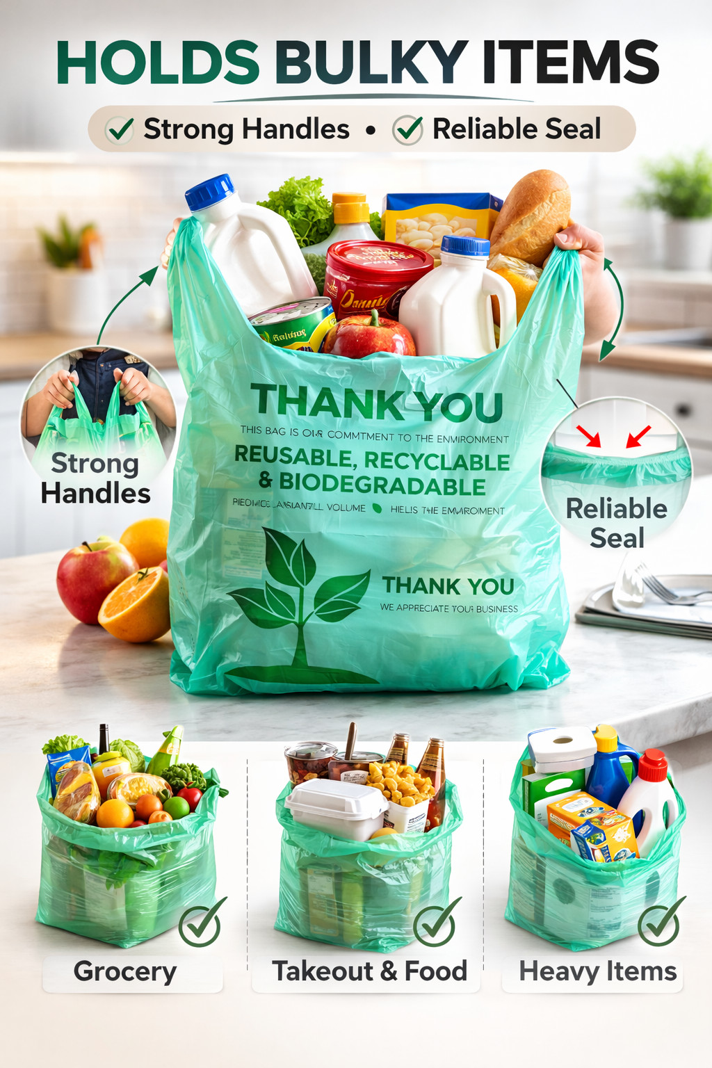 Bags 1/6 Large 22 x 6.5 x 12 Biodegradable T-Shirt Plastic Grocery Shopping Bags