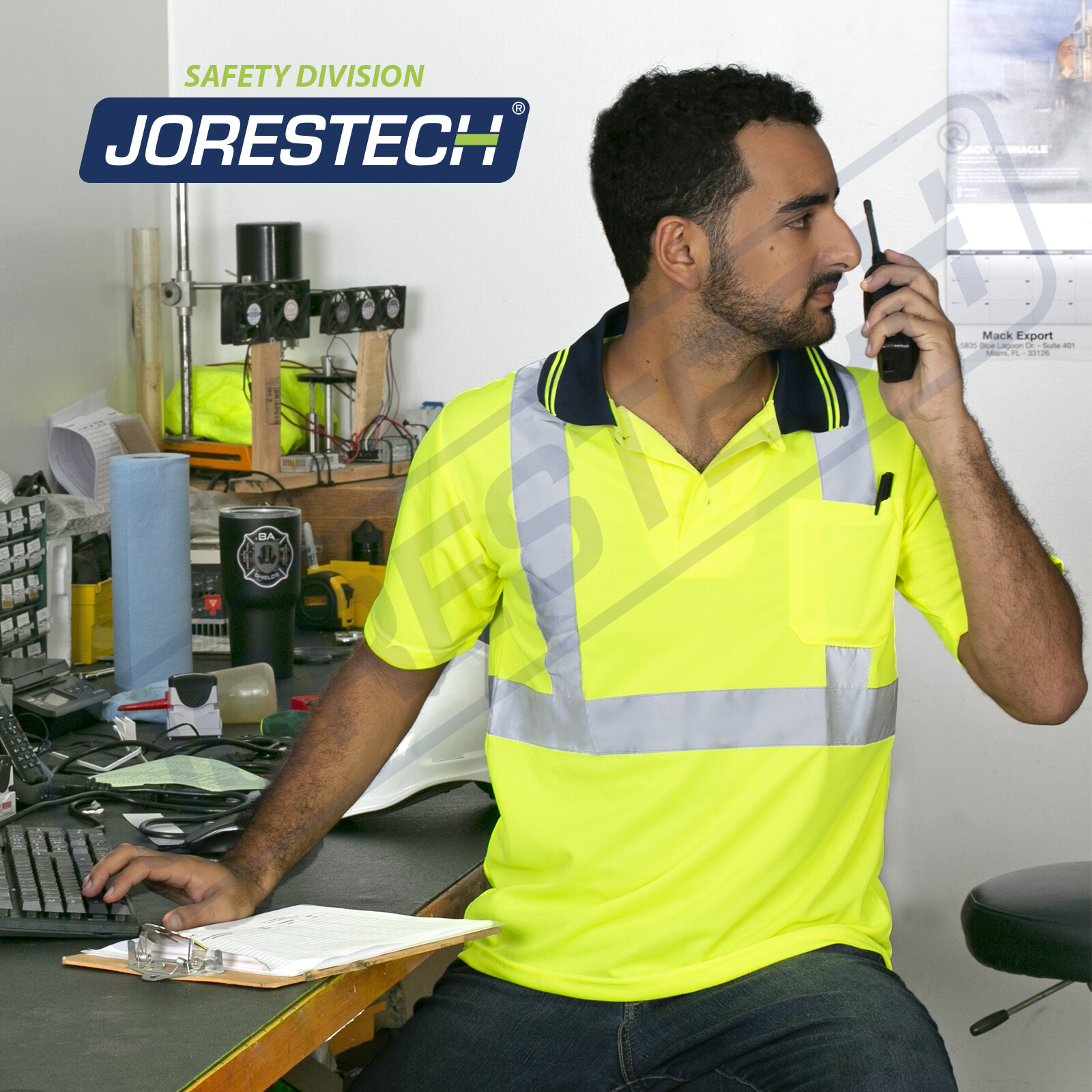 Printed Hi-Vis Lime Safety Workwear Short Sleeve Polo Shirt Top Reflective Tape
