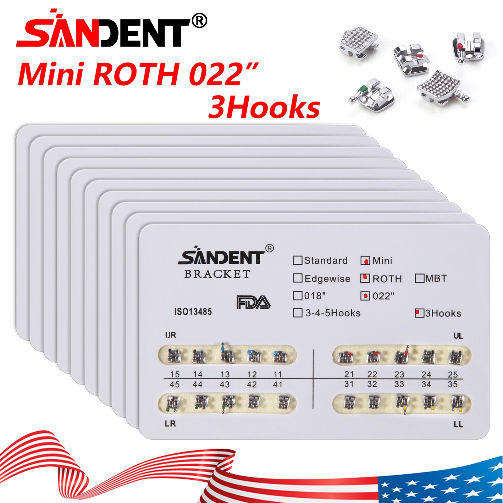 10Packs Soportes de ortodoncia dental Braces Mini Roth Slot.022 3 ganchos