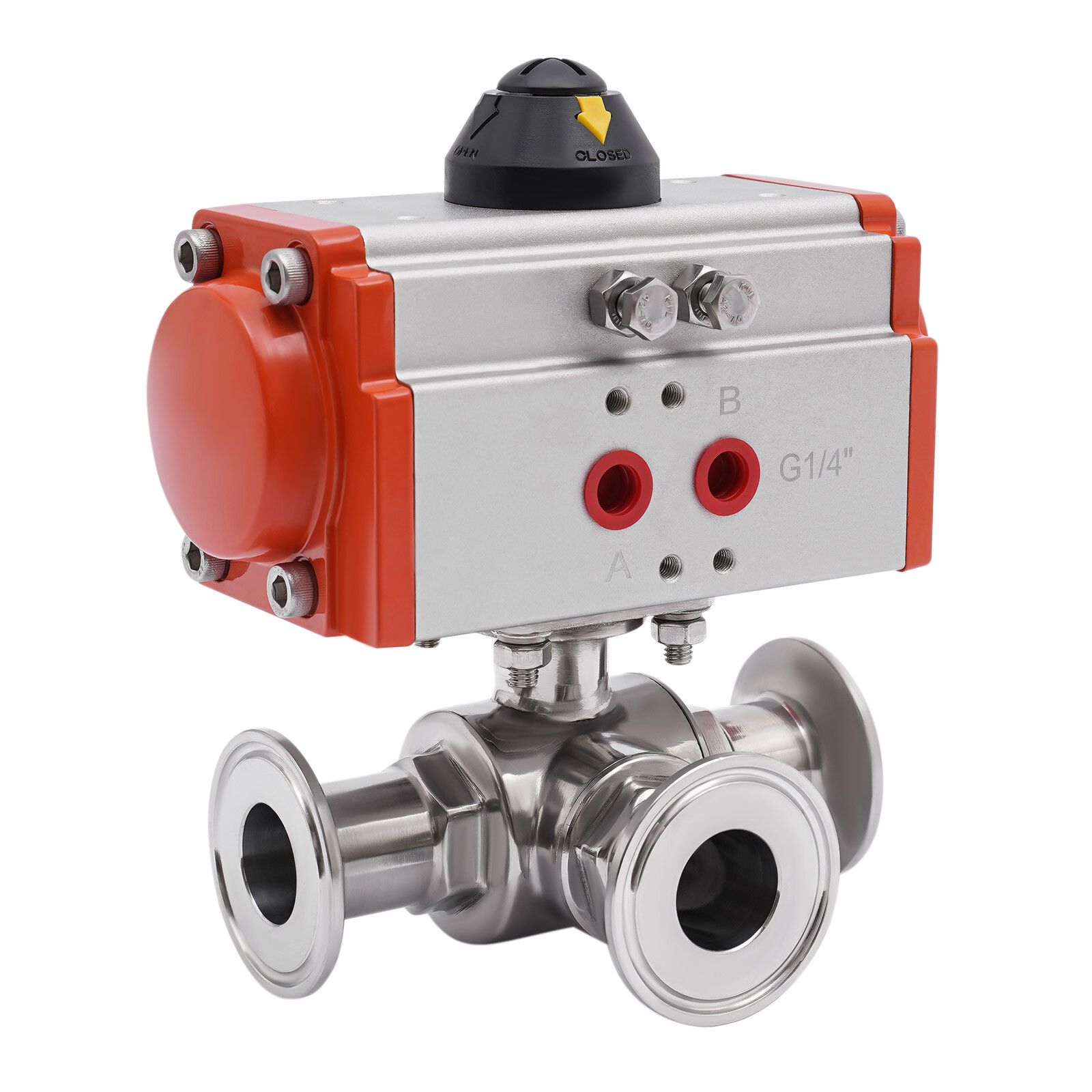 Three way L-port Tri-Clamp Pneumatic Ball Valve 1″ Sanitary Stainless 304 NEW