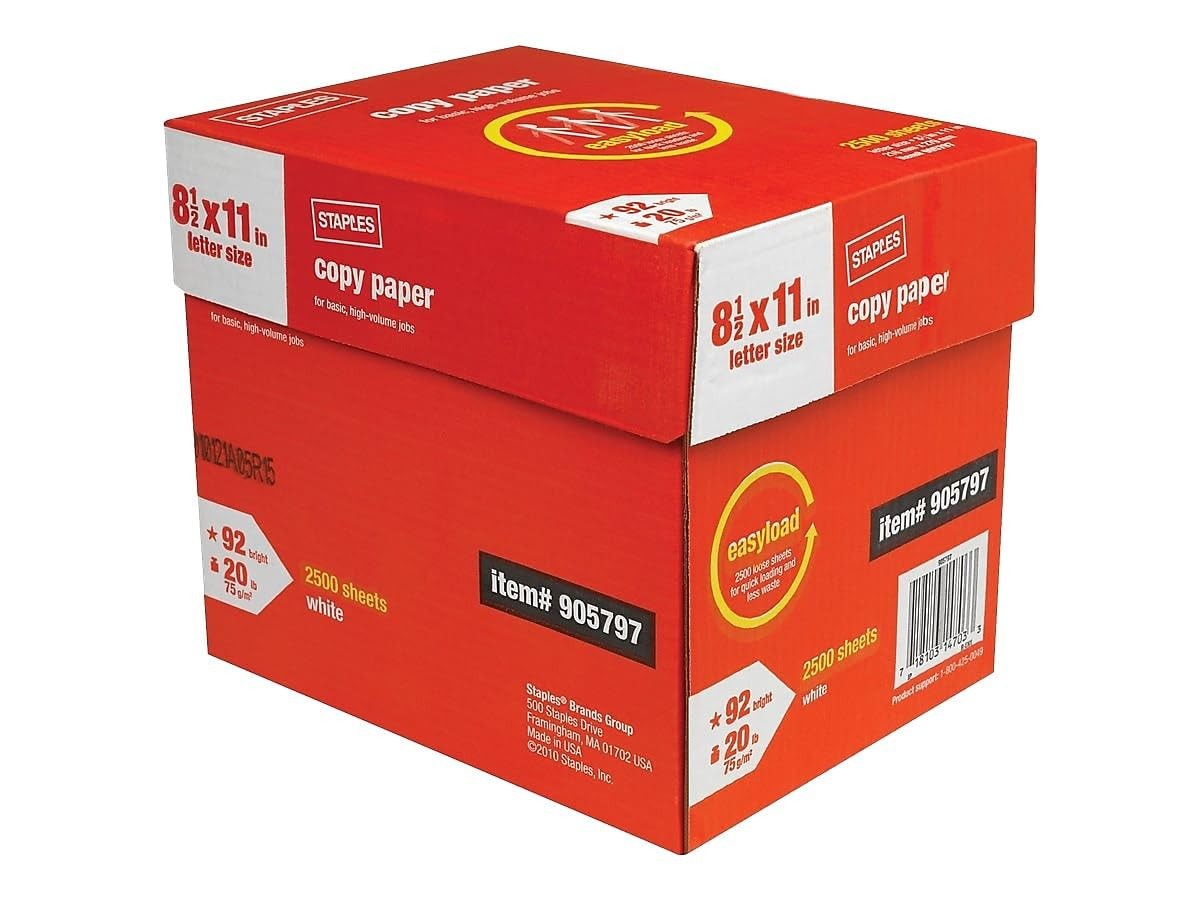 Staples 8.5-Inch X 11-Inch Copy Paper 20 Lbs 92 Brightness 2500/Carton, White