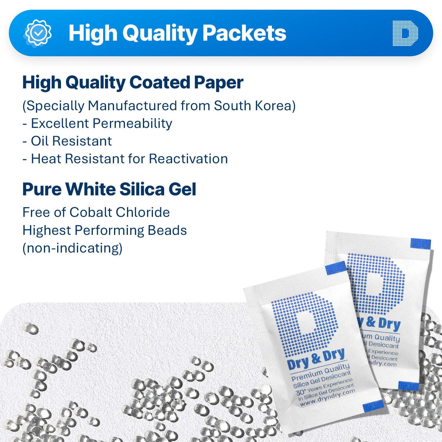 2 gram X 100 PK “Dry & Dry”Silica Gel Desiccant Packets(Reusable)-FDA Compliant