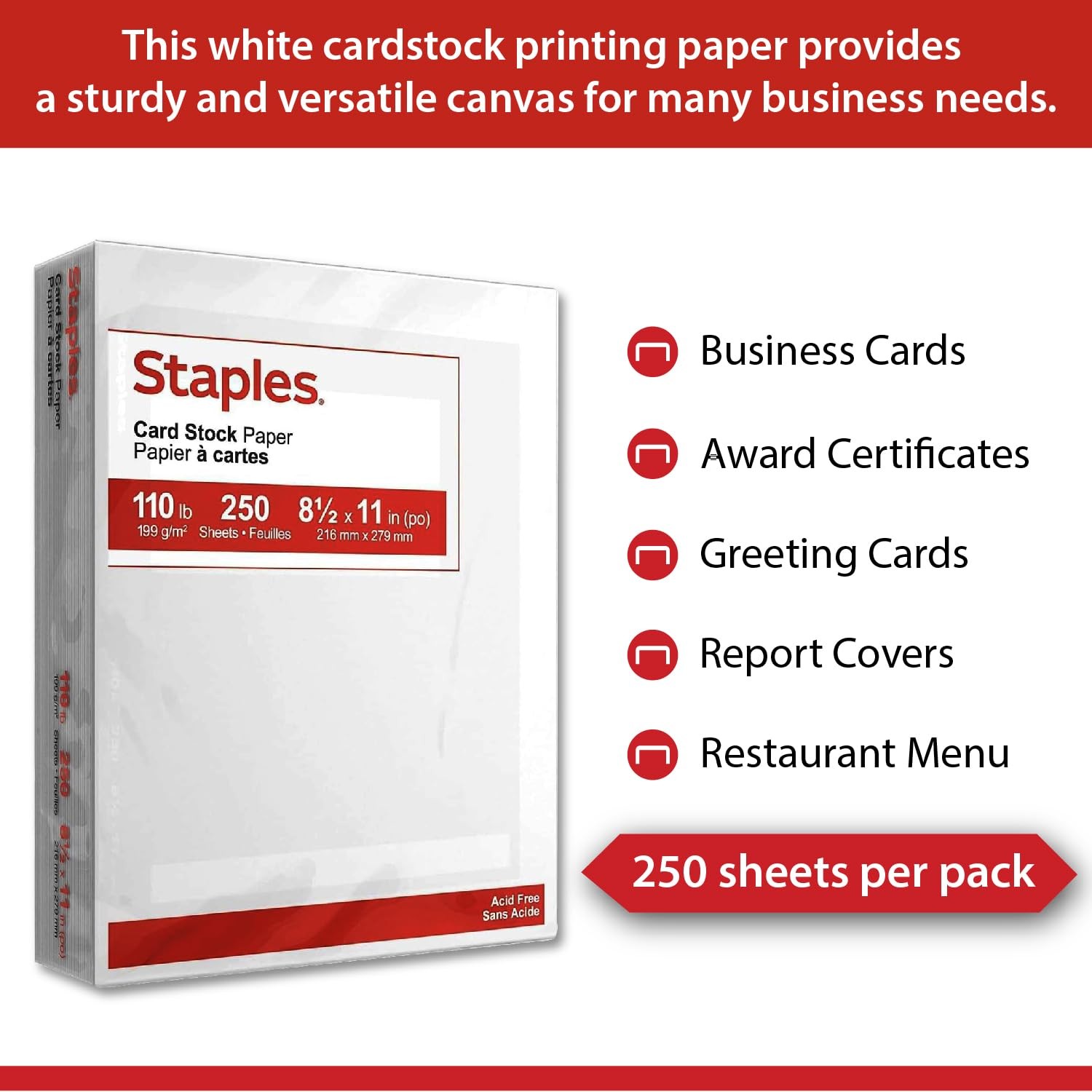 Staples Cardstock Paper, 8.5-Inch x 11-Inch Paper 8.5 x 11 inches, White