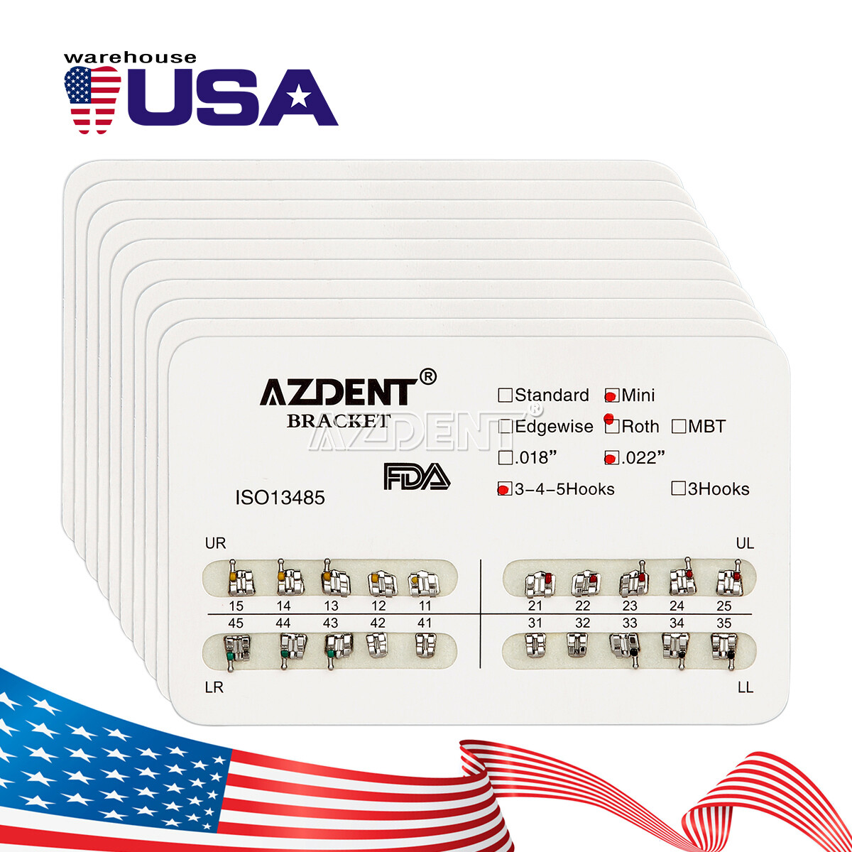 AZDENT Dental Orthodontic Brackets Braces Metal Mini Roth/MBT .022 Hooks 345
