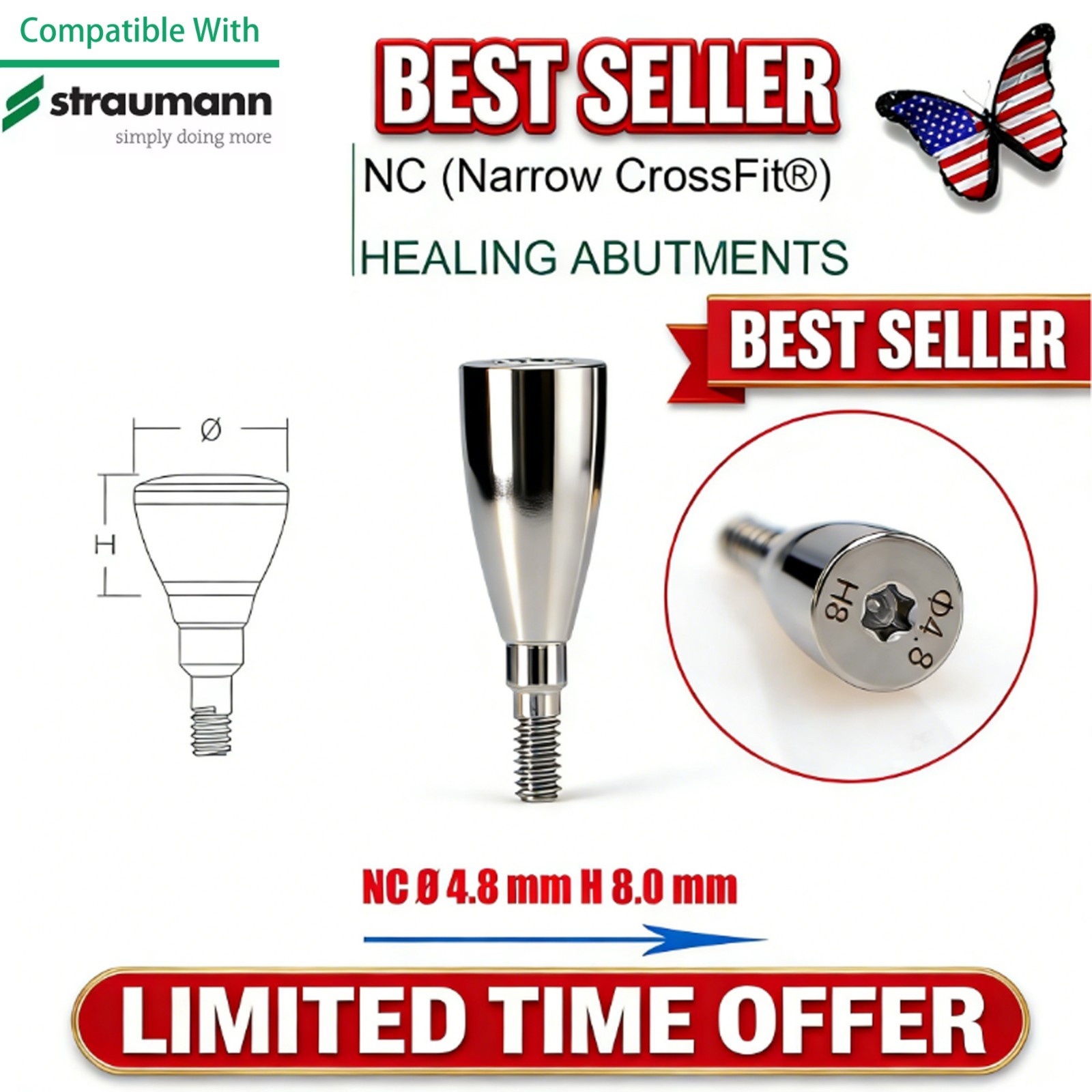 NC Titanium Healing Abutment & Closure Cap Fit Straumann ITI BLT Narrow CrossFit