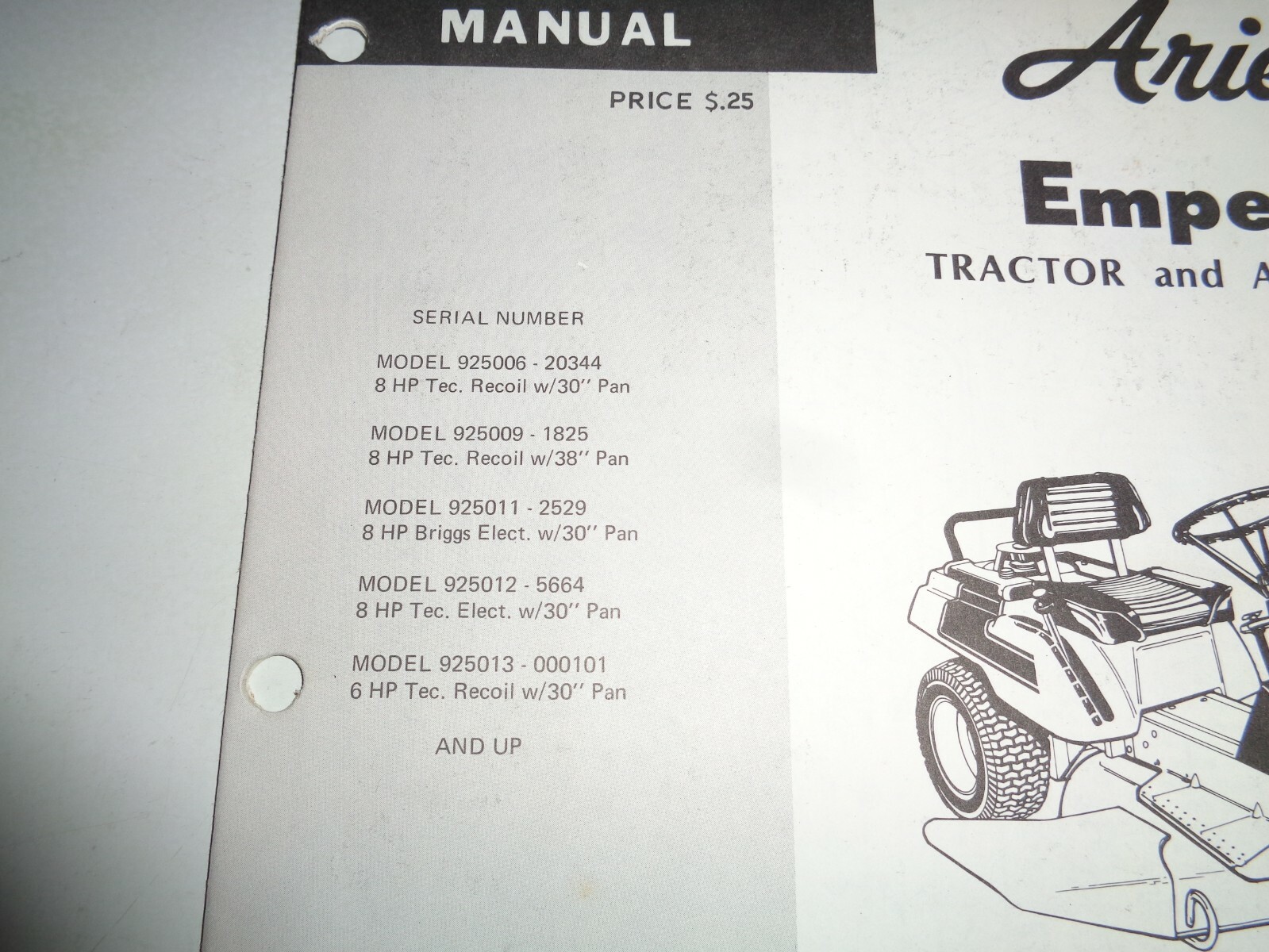 Ariens 6&8 H.P. Emperor Riding Mower Tractor Parts Catalog Manual Original 1975