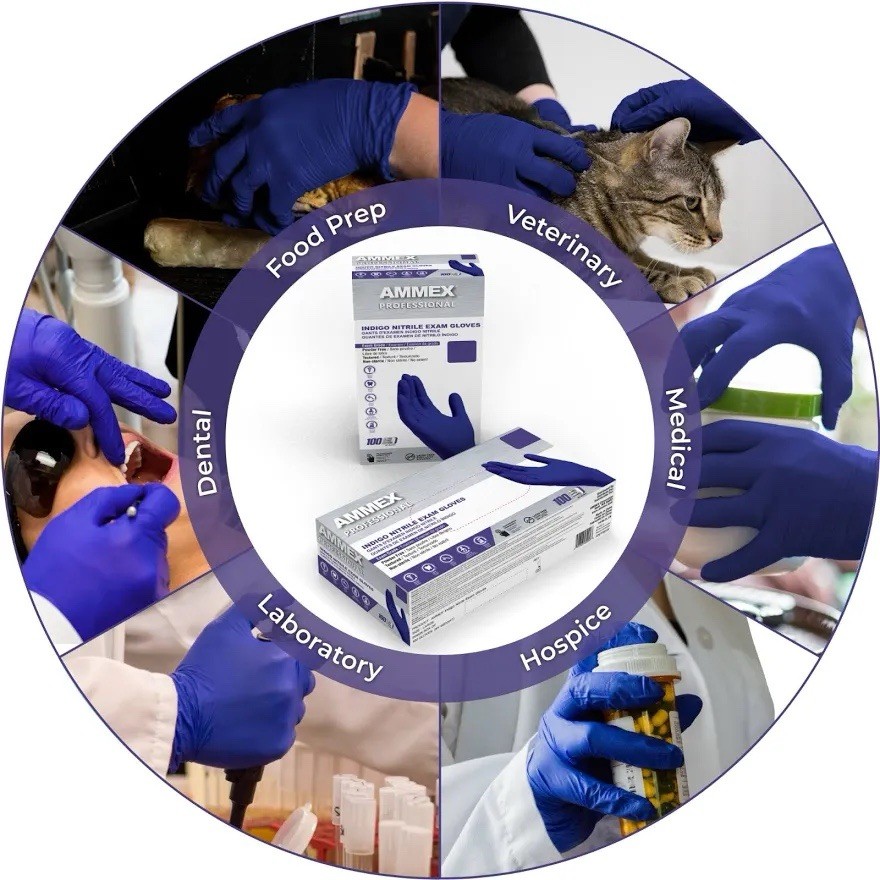 AMMEX Indigo Nitrile Disposable Exam/Medical Gloves 3 Mil Latex-Free, Box of 100