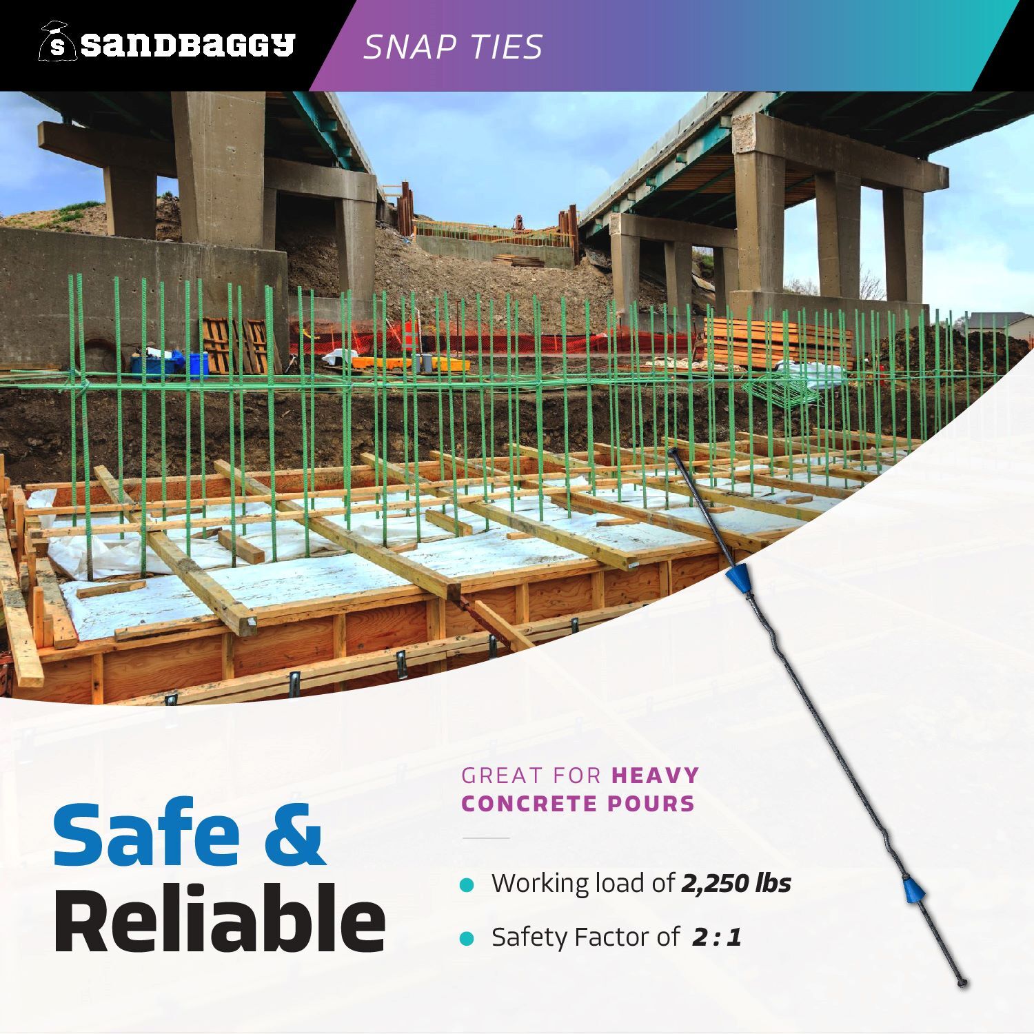 Sandbaggy 16″ x 4 ¾” Standard Snap Ties For Concrete Forms (Short End)