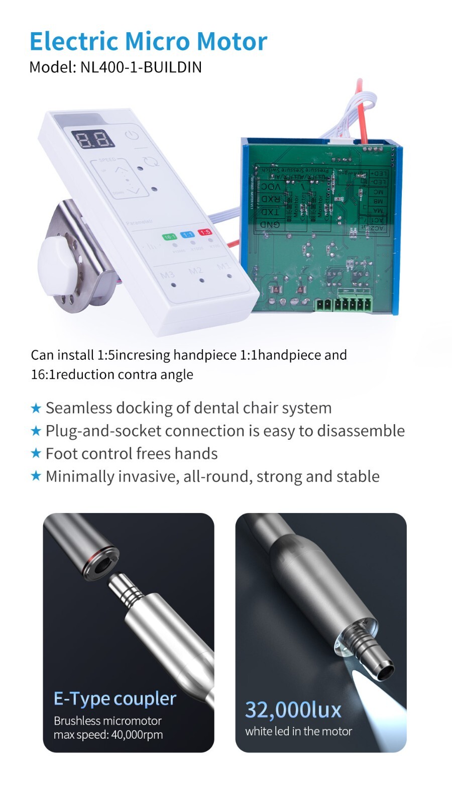 Dental LED Electric Motor Brushless Built in/1:1 1:5 Contra Angle Handpiece Y1M