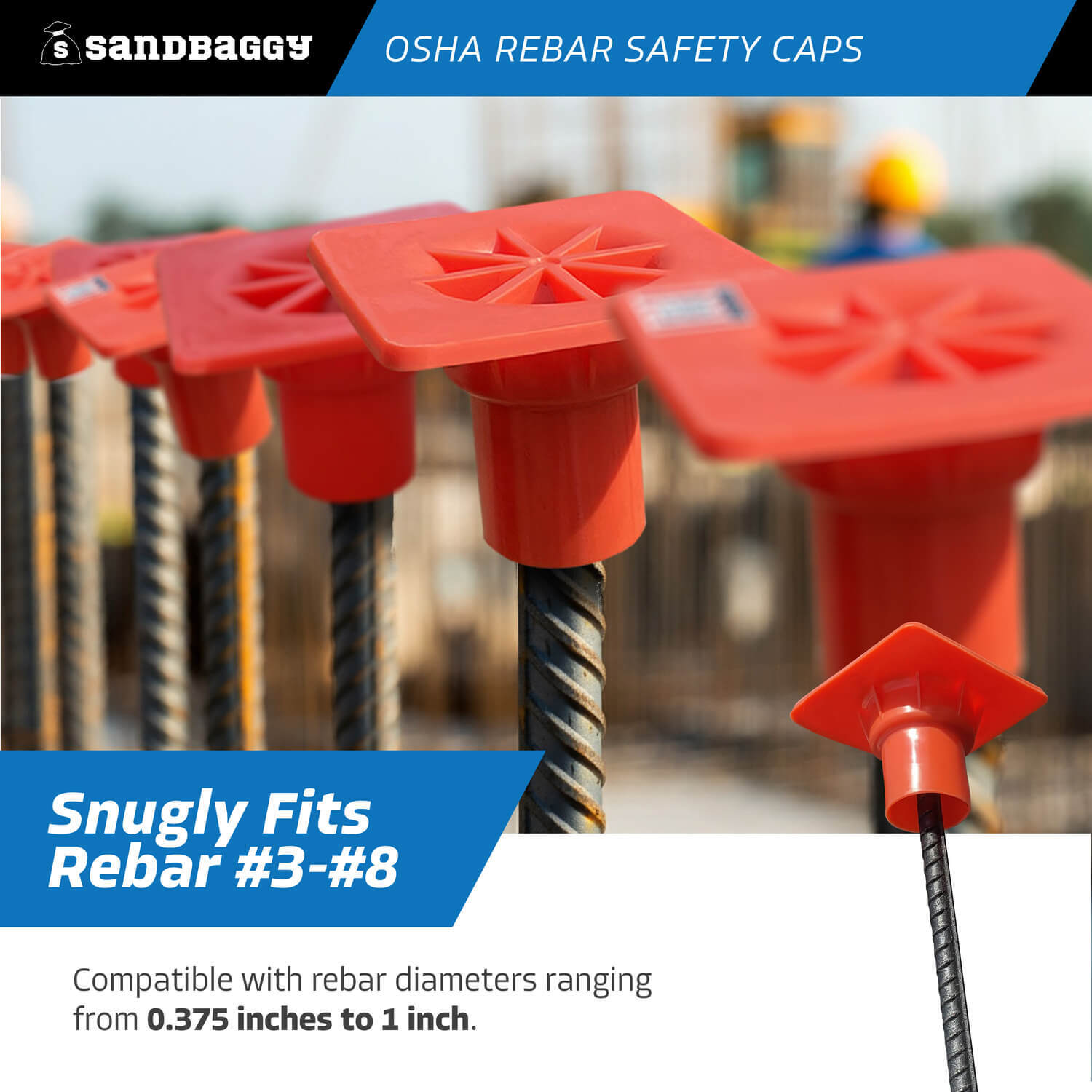 Sandbaggy OSHA Rebar Safety Caps (Impalement Protection) | Rebar #3-8 [USA Made]
