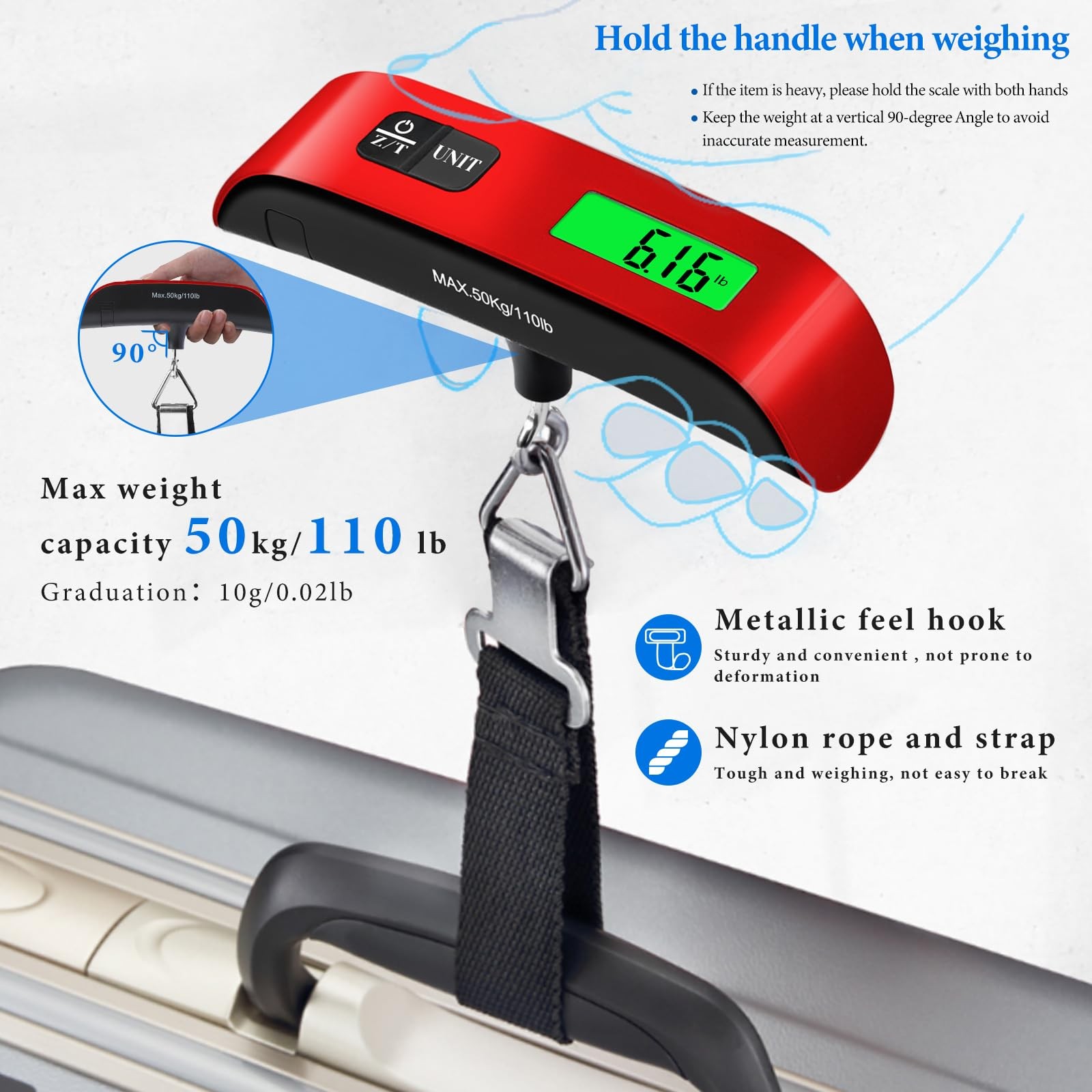 Luggage Scale 110 Lbs Weight 4 Unit Switching LCD Display Travel Digital Red