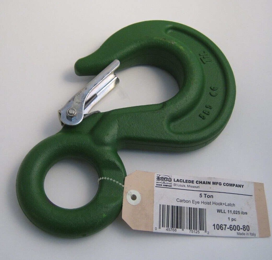 LACLEDE 5 Ton Eye Hoist Hook with Latch – 11,025 lbs – Carbon – Rigging Eye Hook