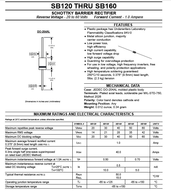 QTY (100) SB160 GENERAL INSTRUMENTS 1A 60V SCHOTTKY BARRIER DIODES DO-204AL
