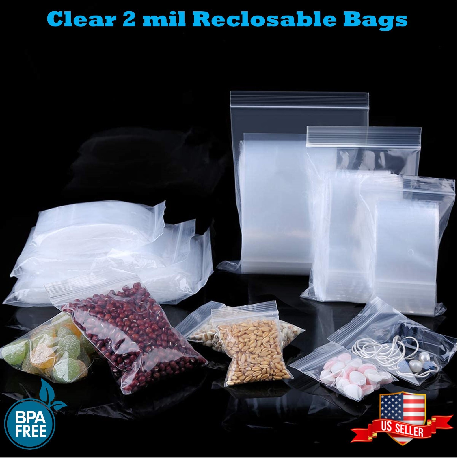Clear Reclosable Zip Seal Plastic 2-Mil Bags Jewelry Zipper Top Lock Baggies