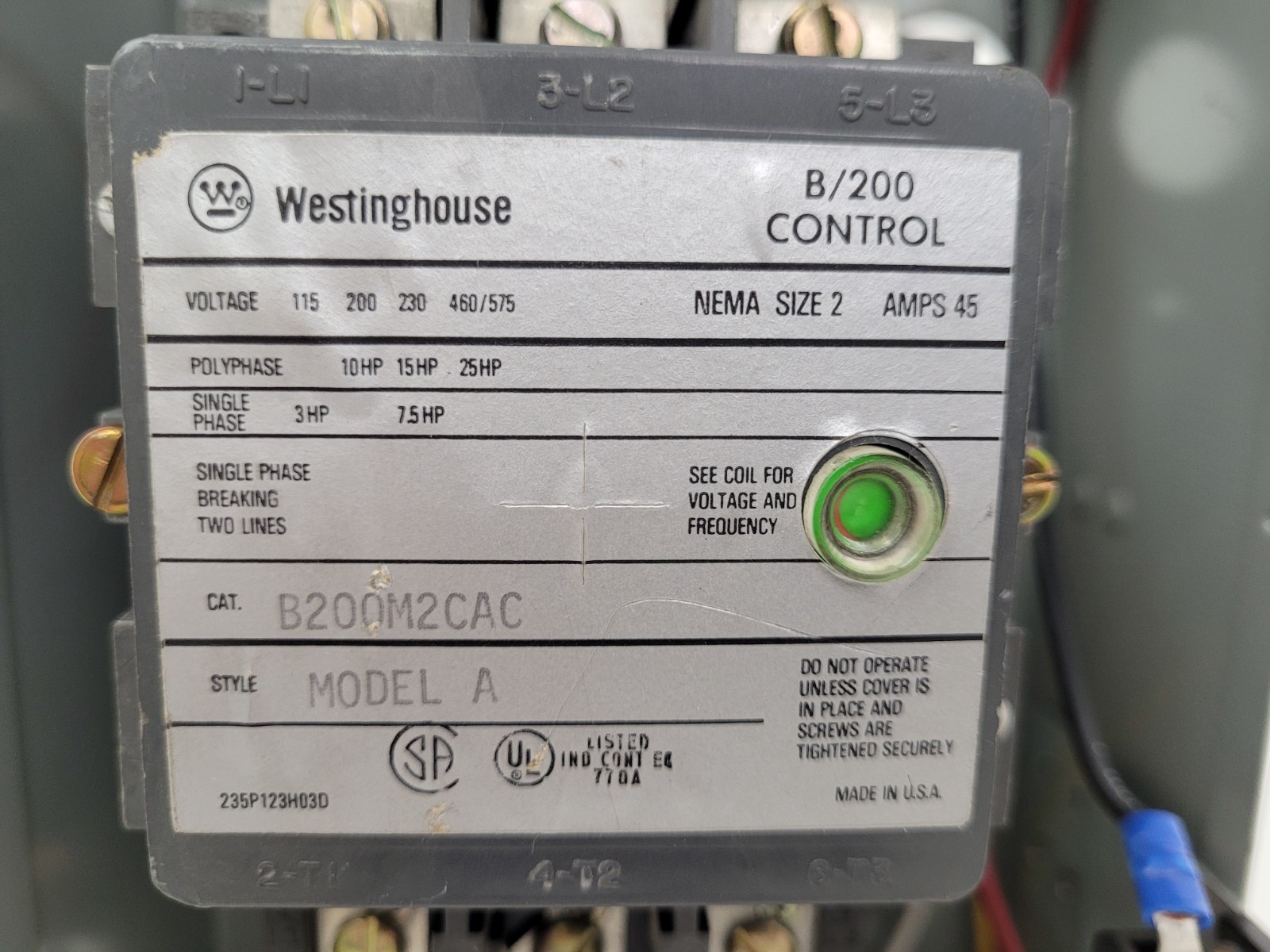 A200S1CB / B200M2CAC Westinghouse Size 2 Motor Starter 120V Coil w/ Enclosure